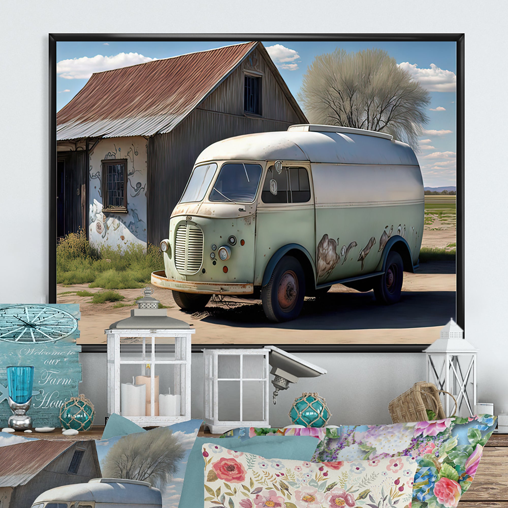 Old Milk Delivery In Barn - Car Old American Canvas Wall Art
