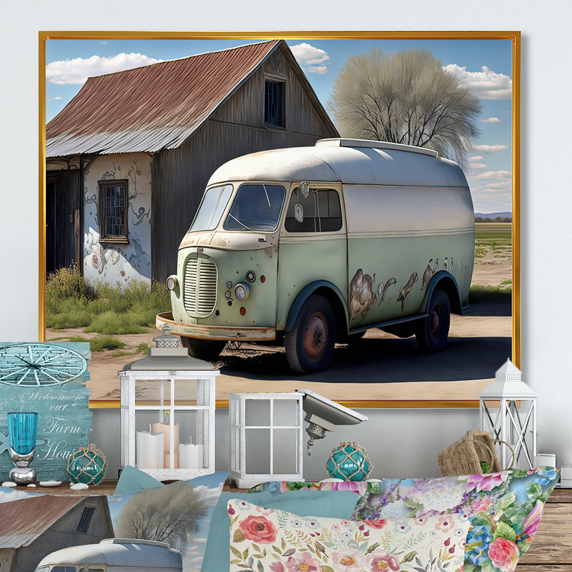 Old Milk Delivery In Barn - Car Old American Canvas Wall Art