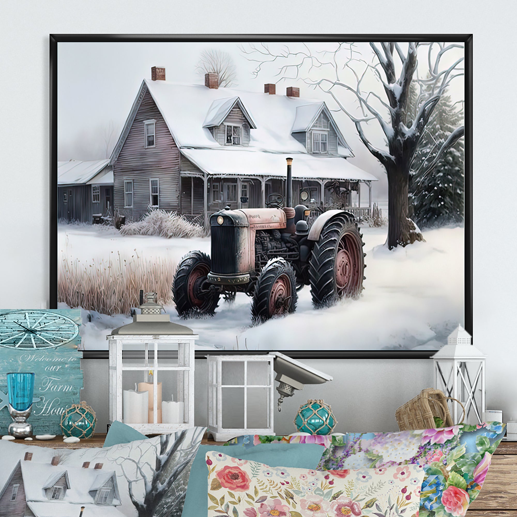 Tractor At The Barn In Winter I - Car Old American Canvas Wall Art