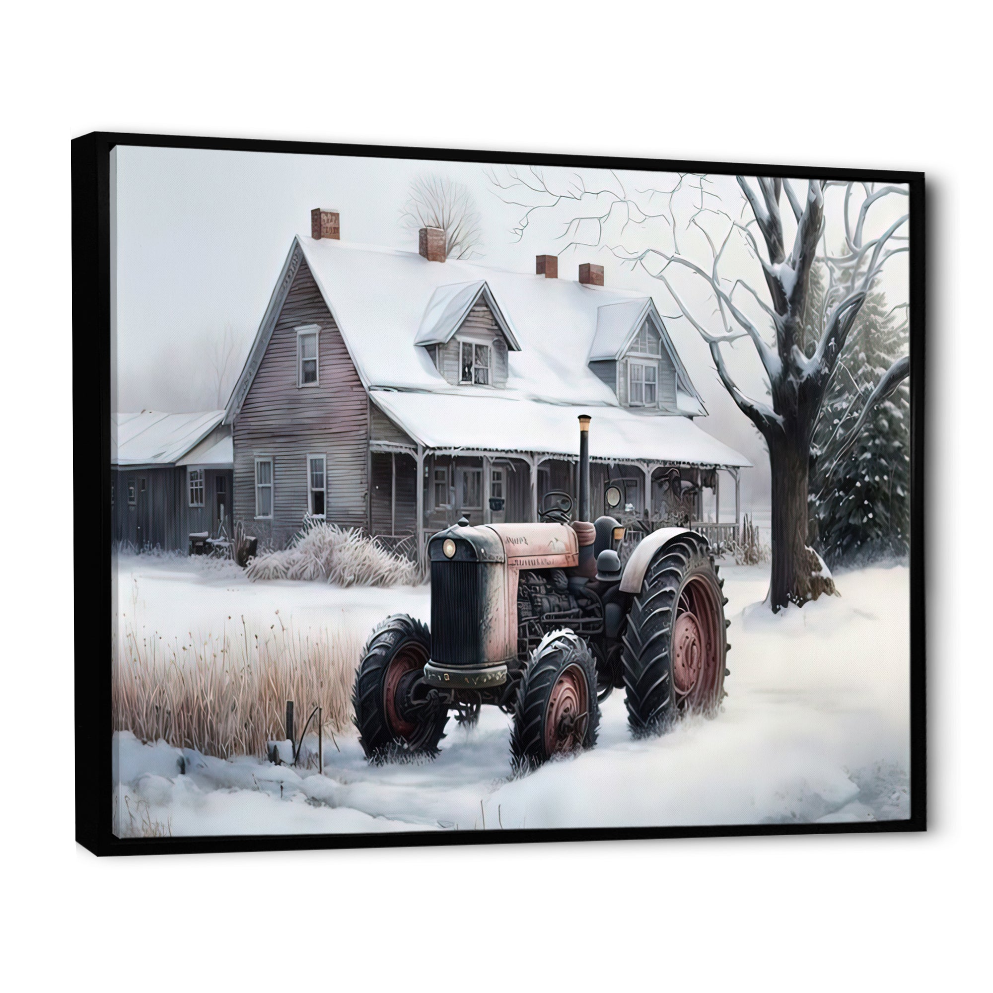 Tractor At The Barn In Winter I - Car Old American Canvas Wall Art