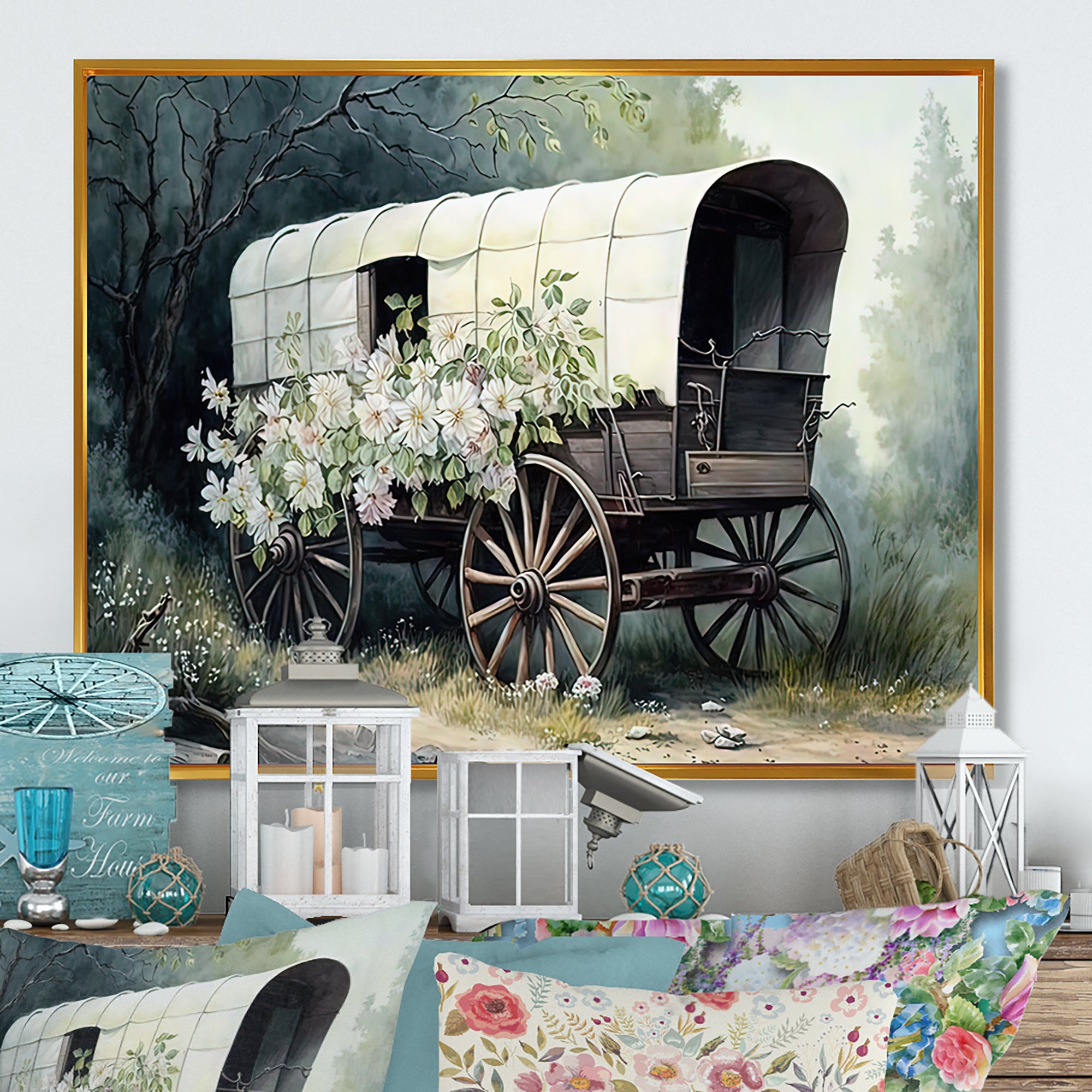 Flower Old Cottage Caravan I - Car Old American Canvas Wall Art