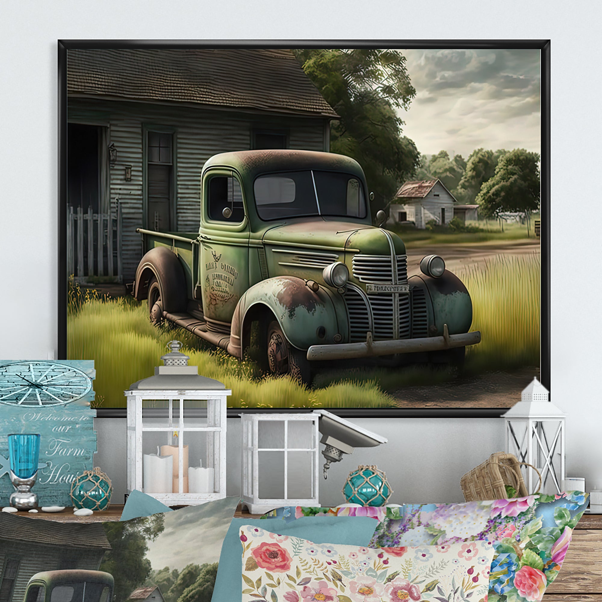 Green Old Truck At The Barn - Car Old American Canvas Wall Art