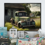 Green Old Truck At The Barn - Car Old American Canvas Wall Art