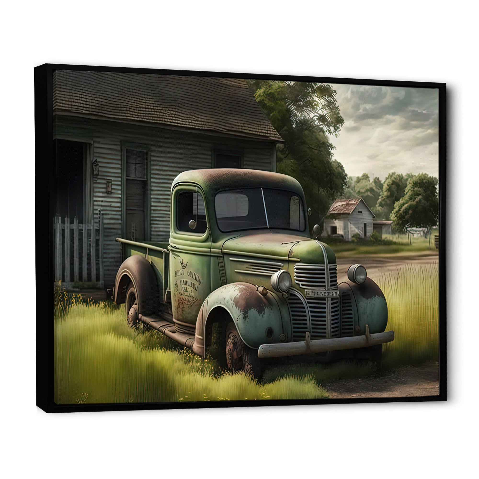 Green Old Truck At The Barn - Car Old American Canvas Wall Art