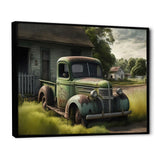 Green Old Truck At The Barn - Car Old American Canvas Wall Art
