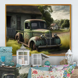 Green Old Truck At The Barn - Car Old American Canvas Wall Art