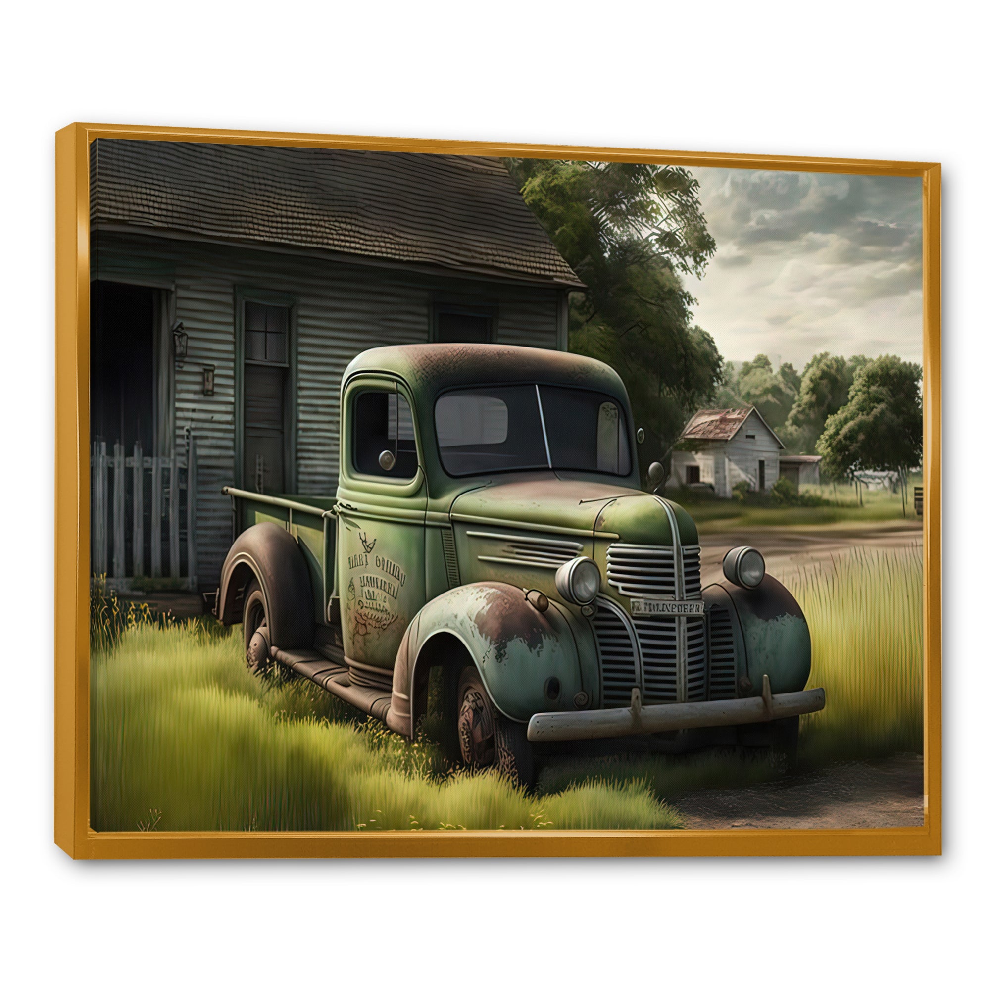 Green Old Truck At The Barn - Car Old American Canvas Wall Art