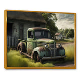 Green Old Truck At The Barn - Car Old American Canvas Wall Art