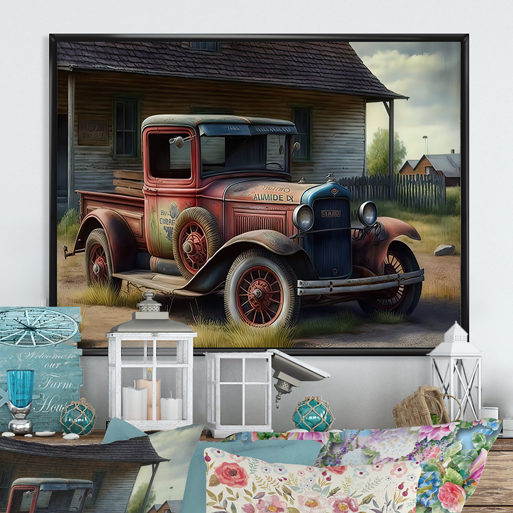 30s American Car At The Barn - Car Old American Canvas Wall Art
