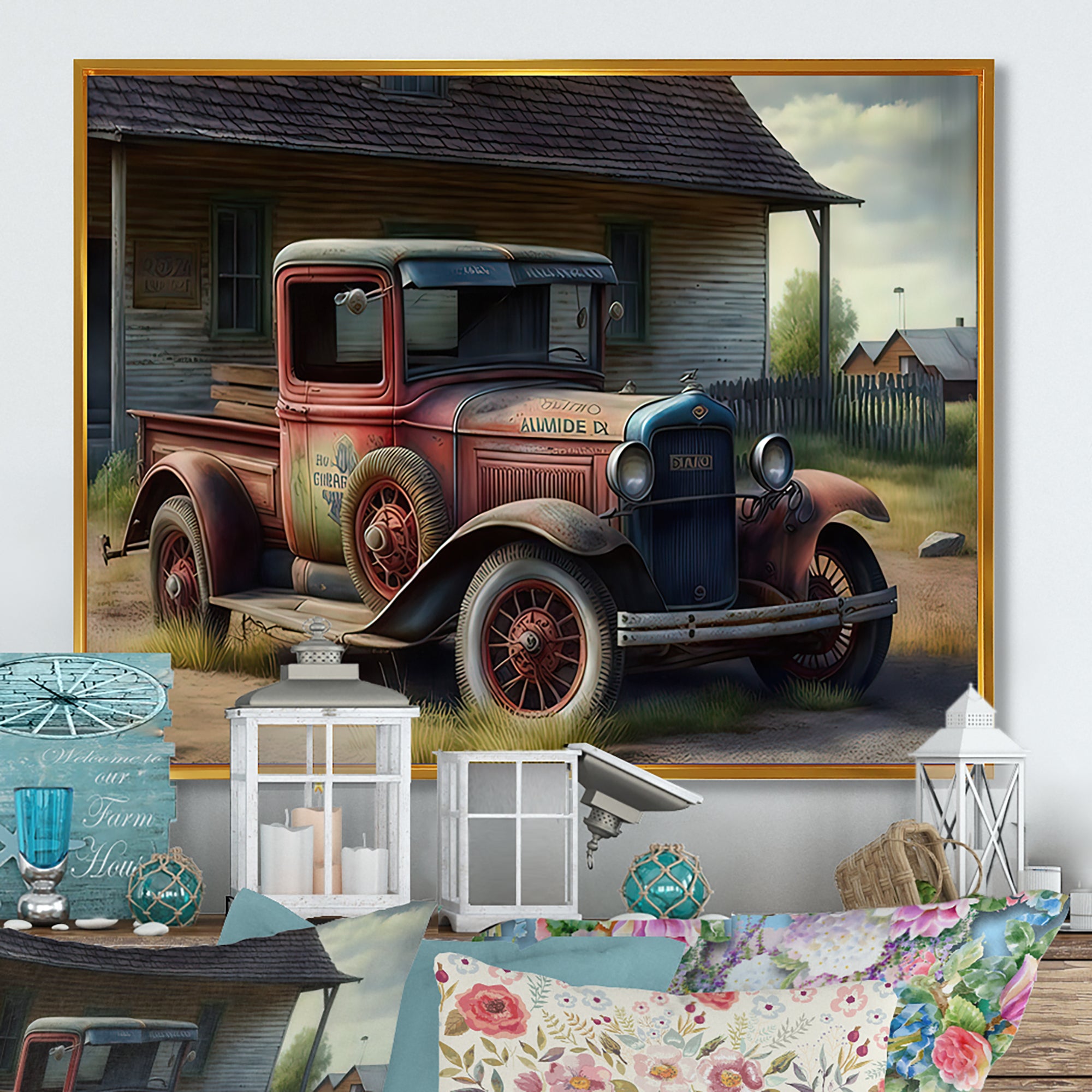 30s American Car At The Barn - Car Old American Canvas Wall Art