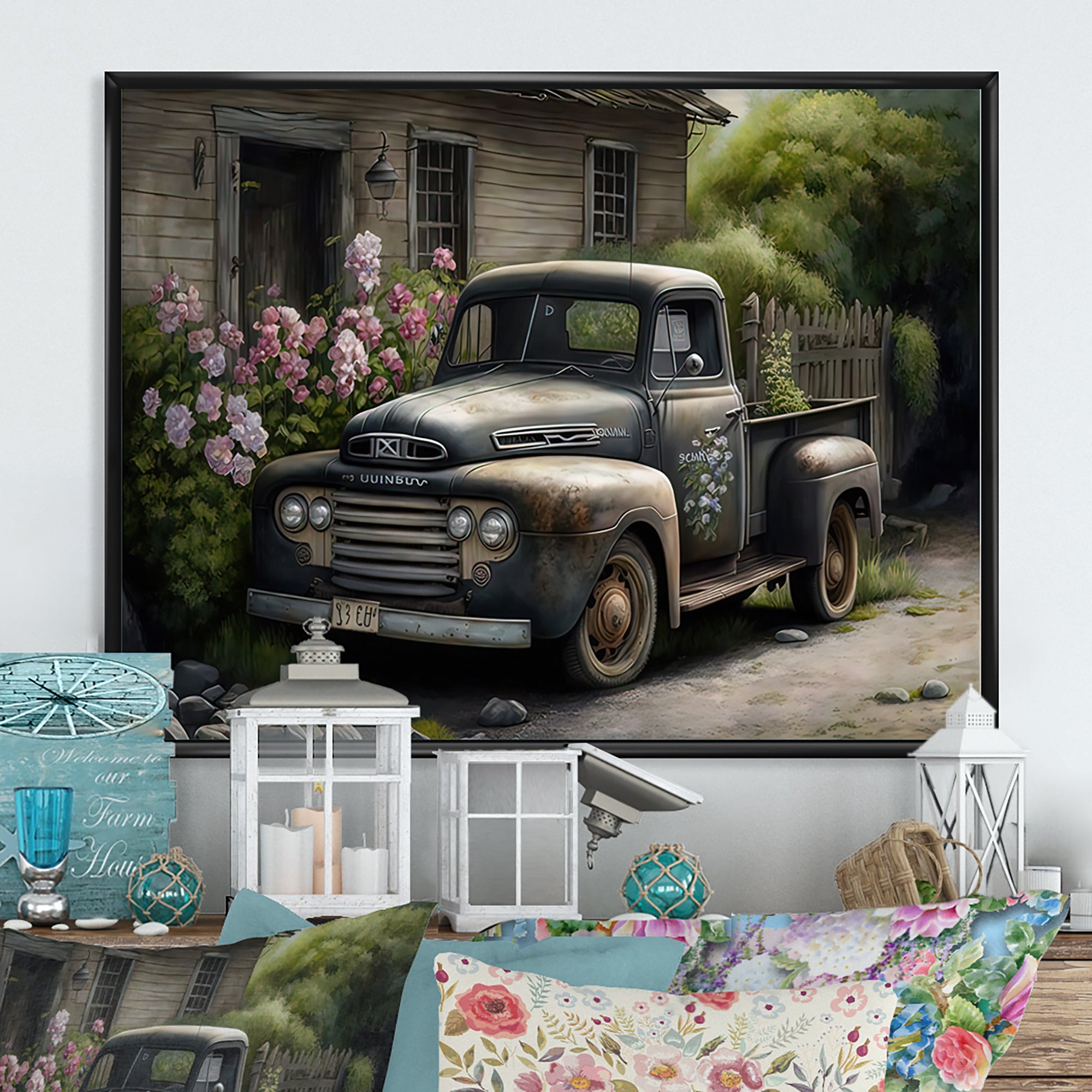 Vintage Car At The Barn - Car Old American Canvas Wall Art