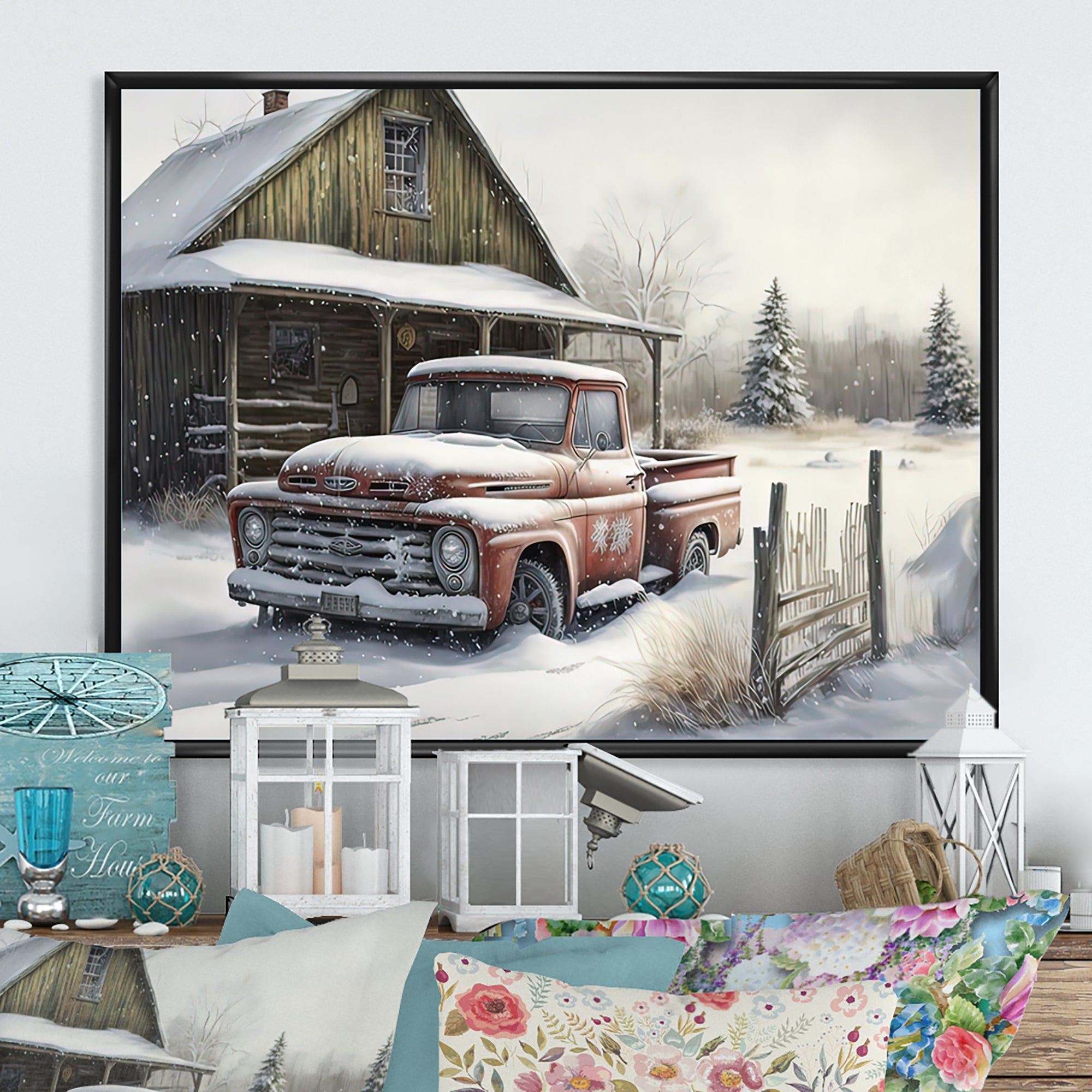 Old Truck At The Barn In Winter I - Pickup Truck Canvas Wall Art