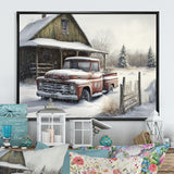 Old Truck At The Barn In Winter I - Pickup Truck Canvas Wall Art