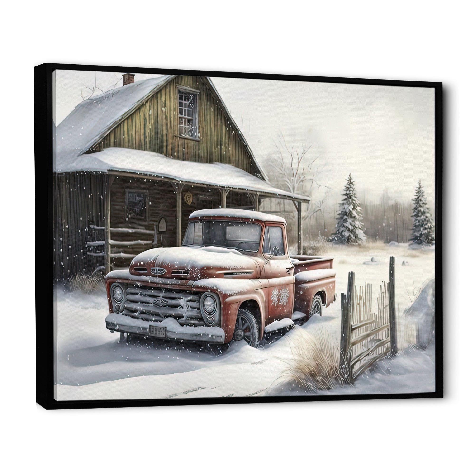 Old Truck At The Barn In Winter I - Pickup Truck Canvas Wall Art
