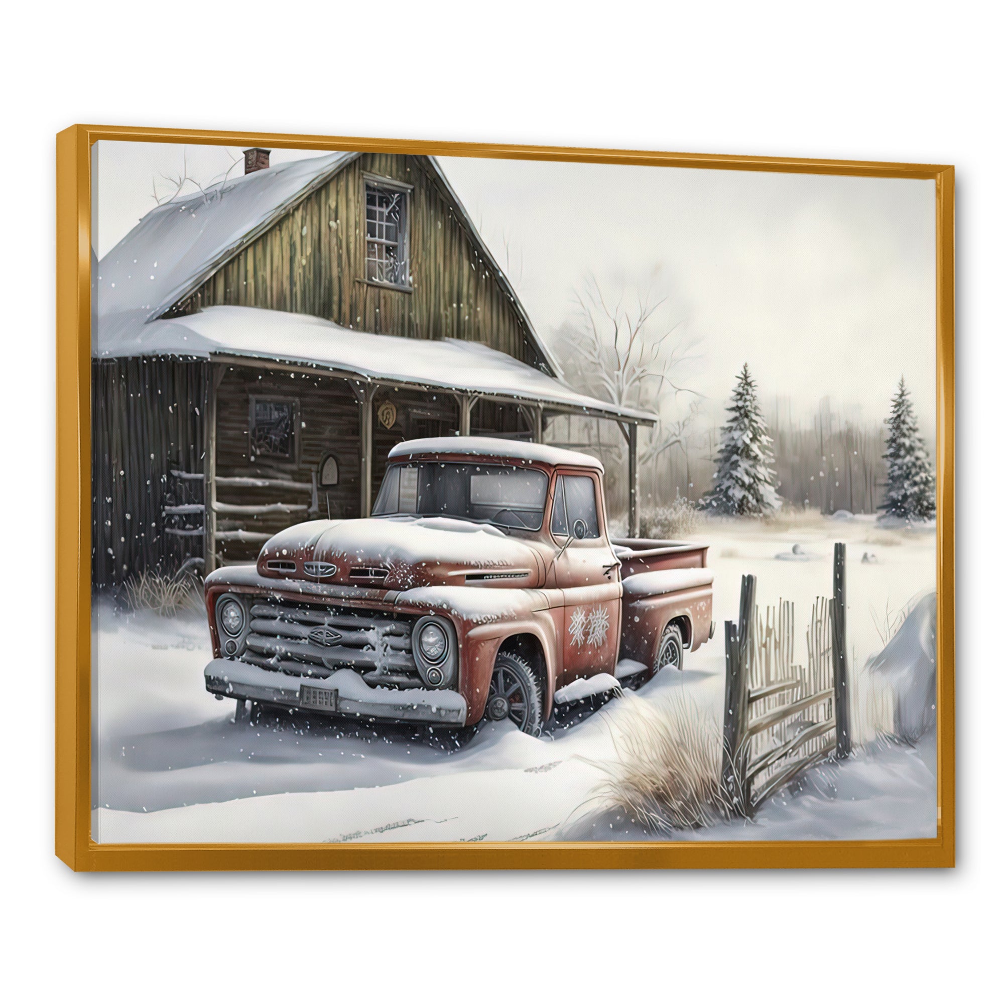 Old Truck At The Barn In Winter I - Pickup Truck Canvas Wall Art