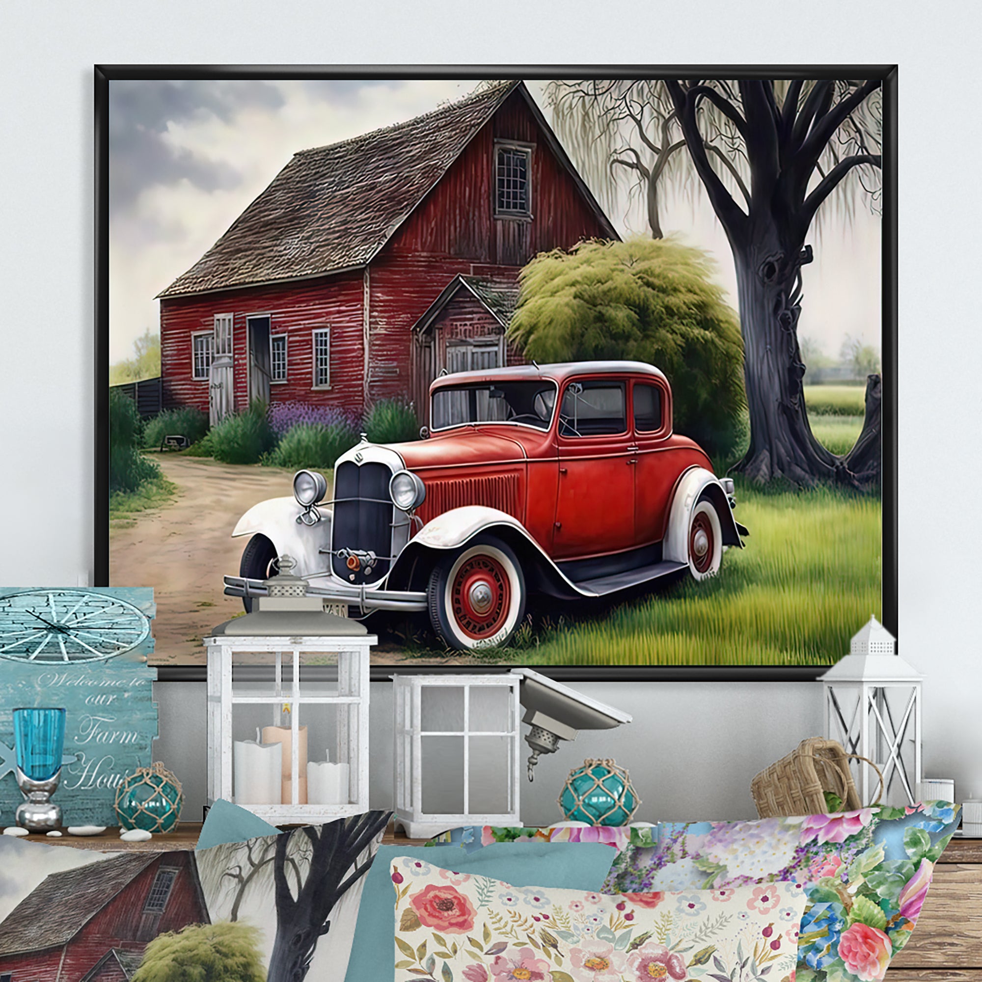 Old Vintage Car At The Barn - Car Old American Canvas Wall Art