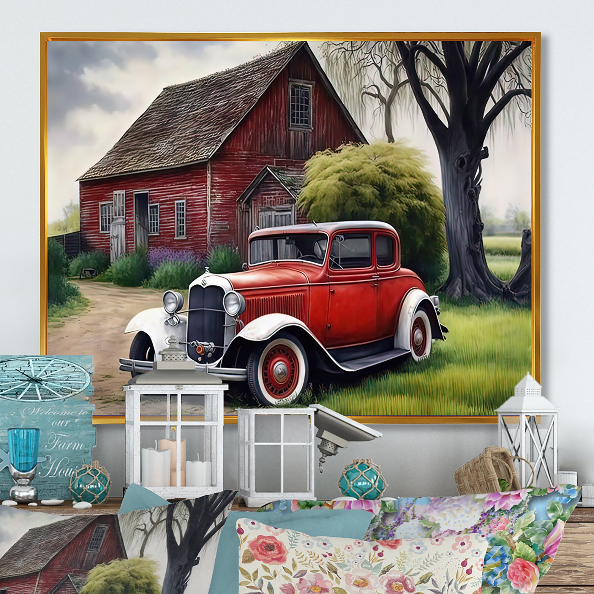 Old Vintage Car At The Barn - Car Old American Canvas Wall Art