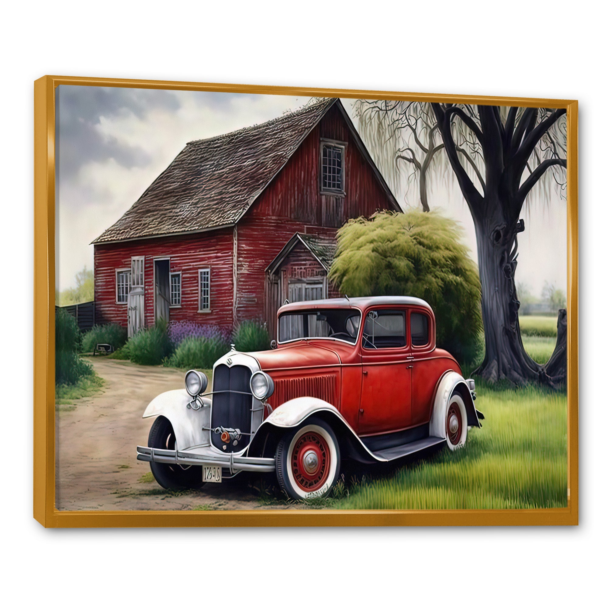 Old Vintage Car At The Barn - Car Old American Canvas Wall Art