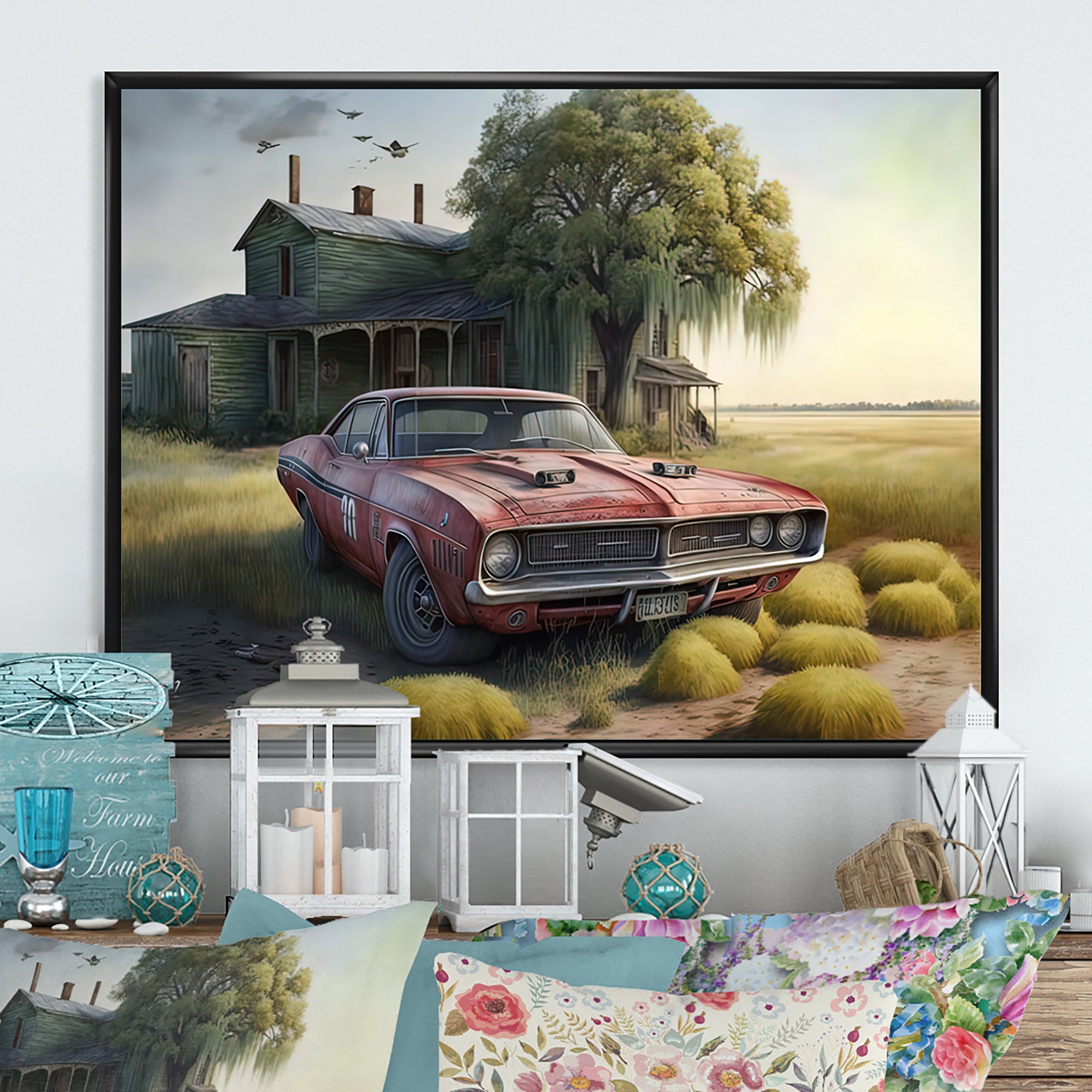 Orange Muscle Car At The Barn - Car Old American Canvas Wall Art