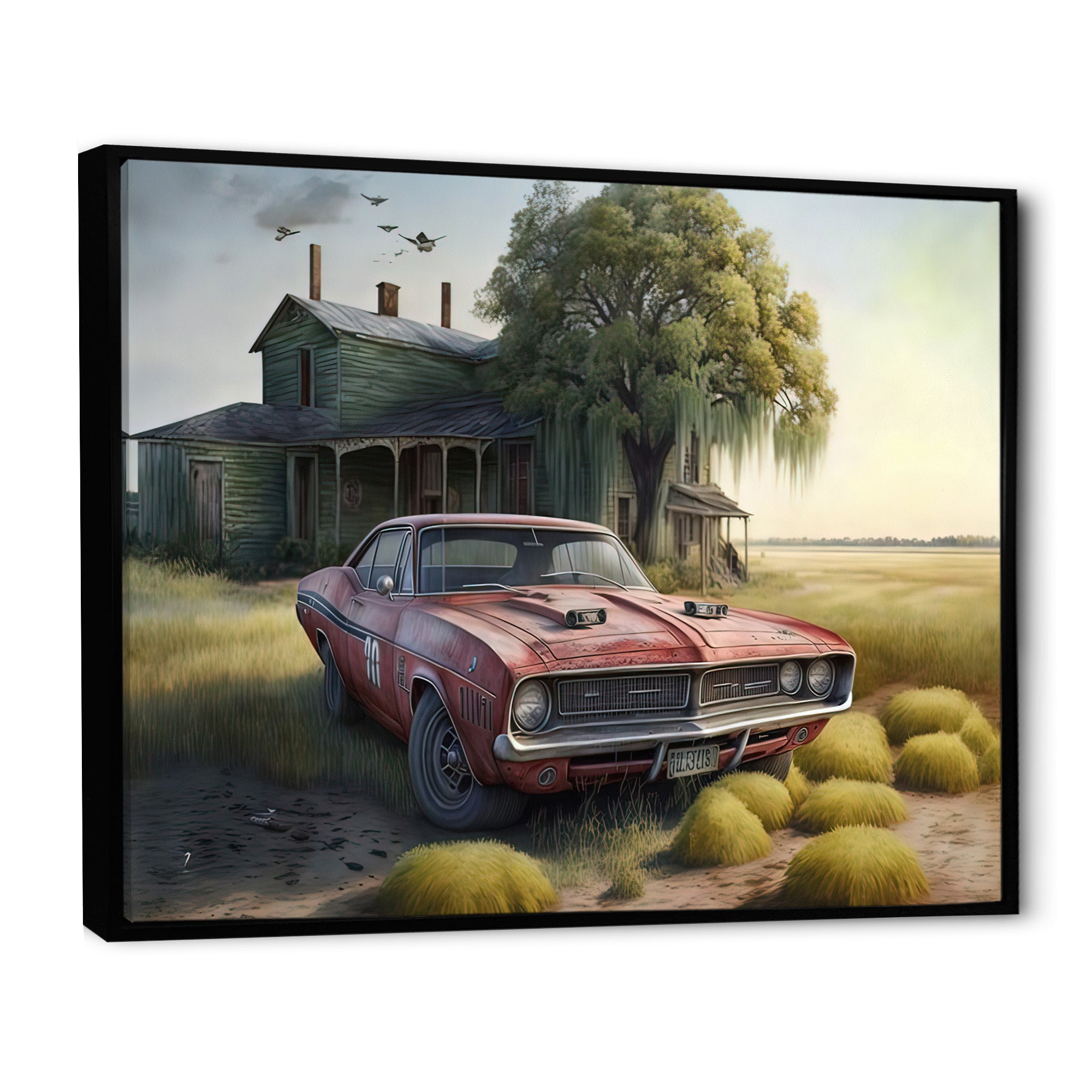 Orange Muscle Car At The Barn - Car Old American Canvas Wall Art