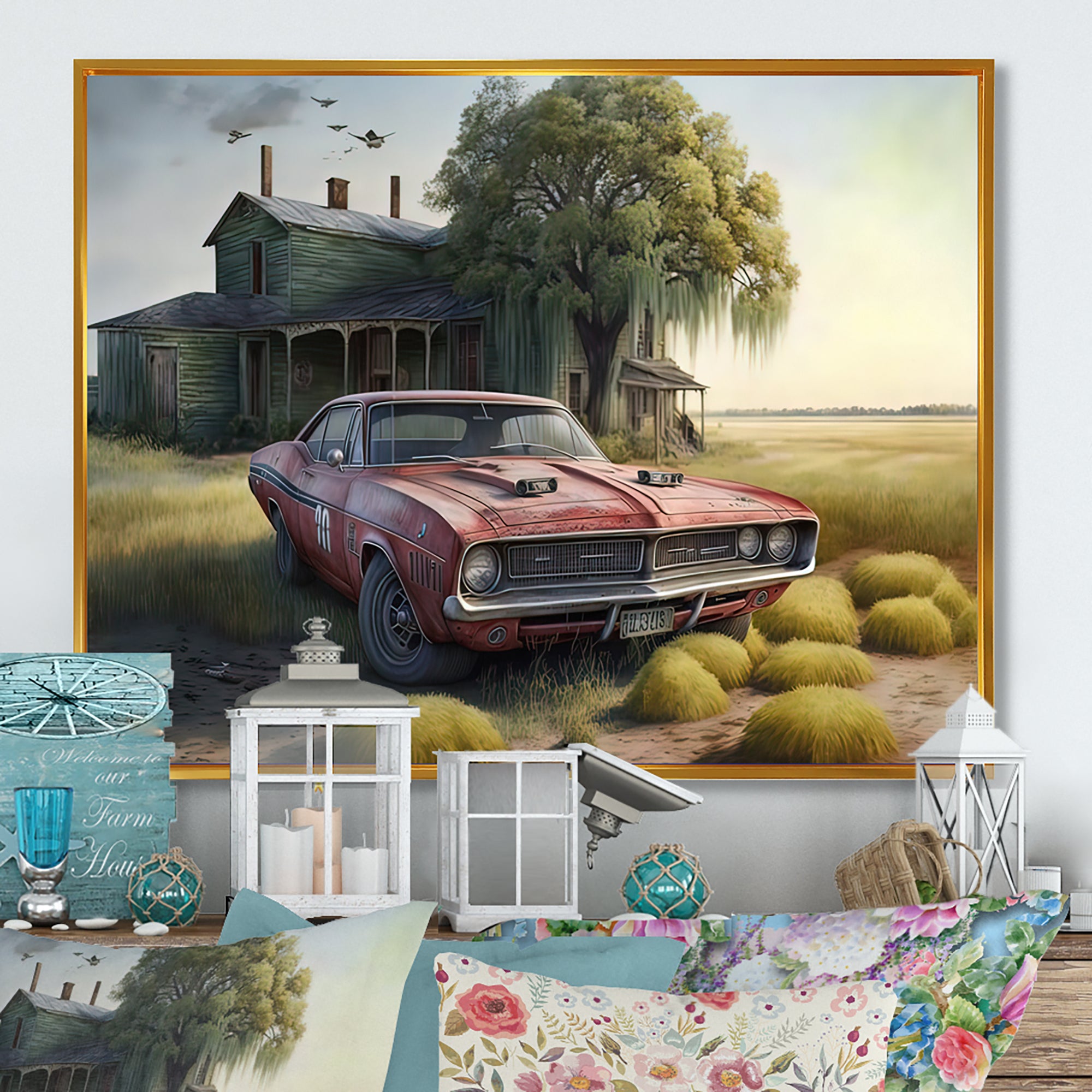 Orange Muscle Car At The Barn - Car Old American Canvas Wall Art