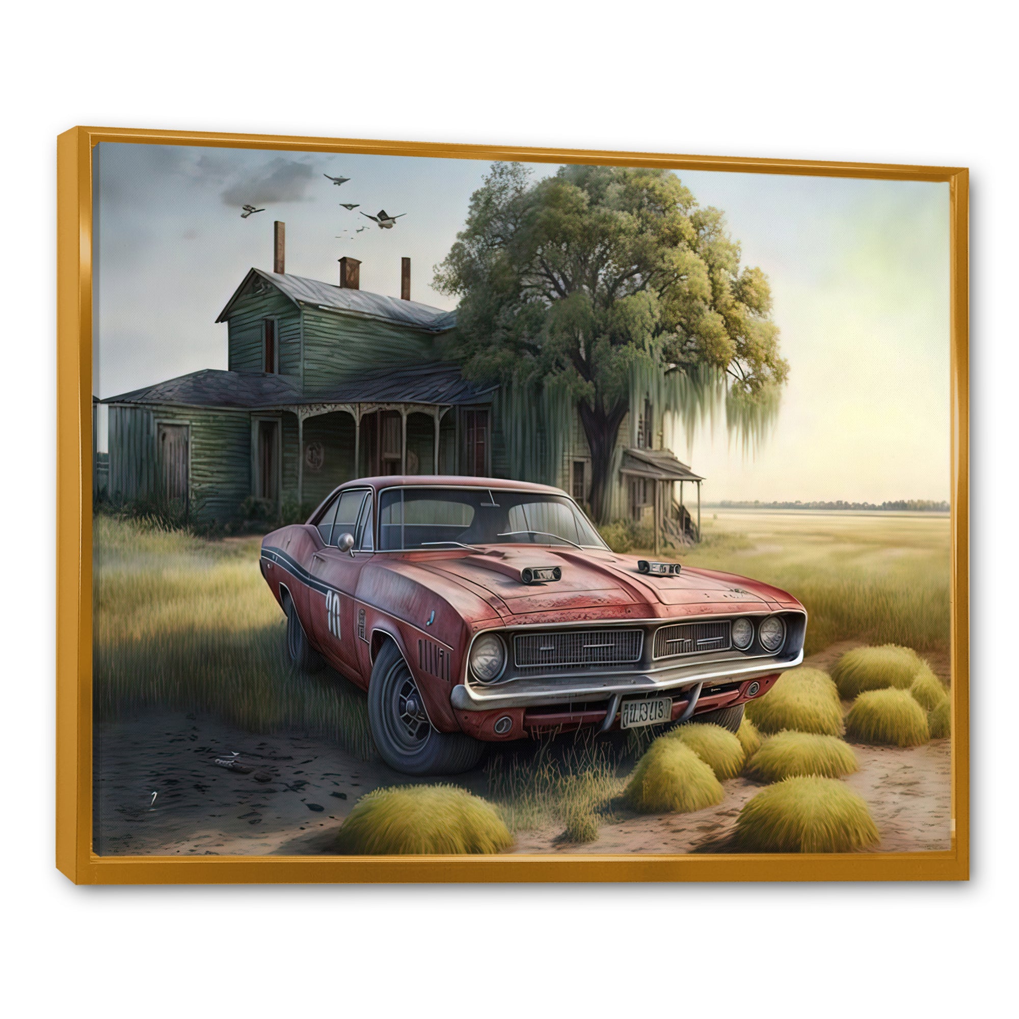 Orange Muscle Car At The Barn - Car Old American Canvas Wall Art