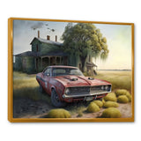 Orange Muscle Car At The Barn - Car Old American Canvas Wall Art
