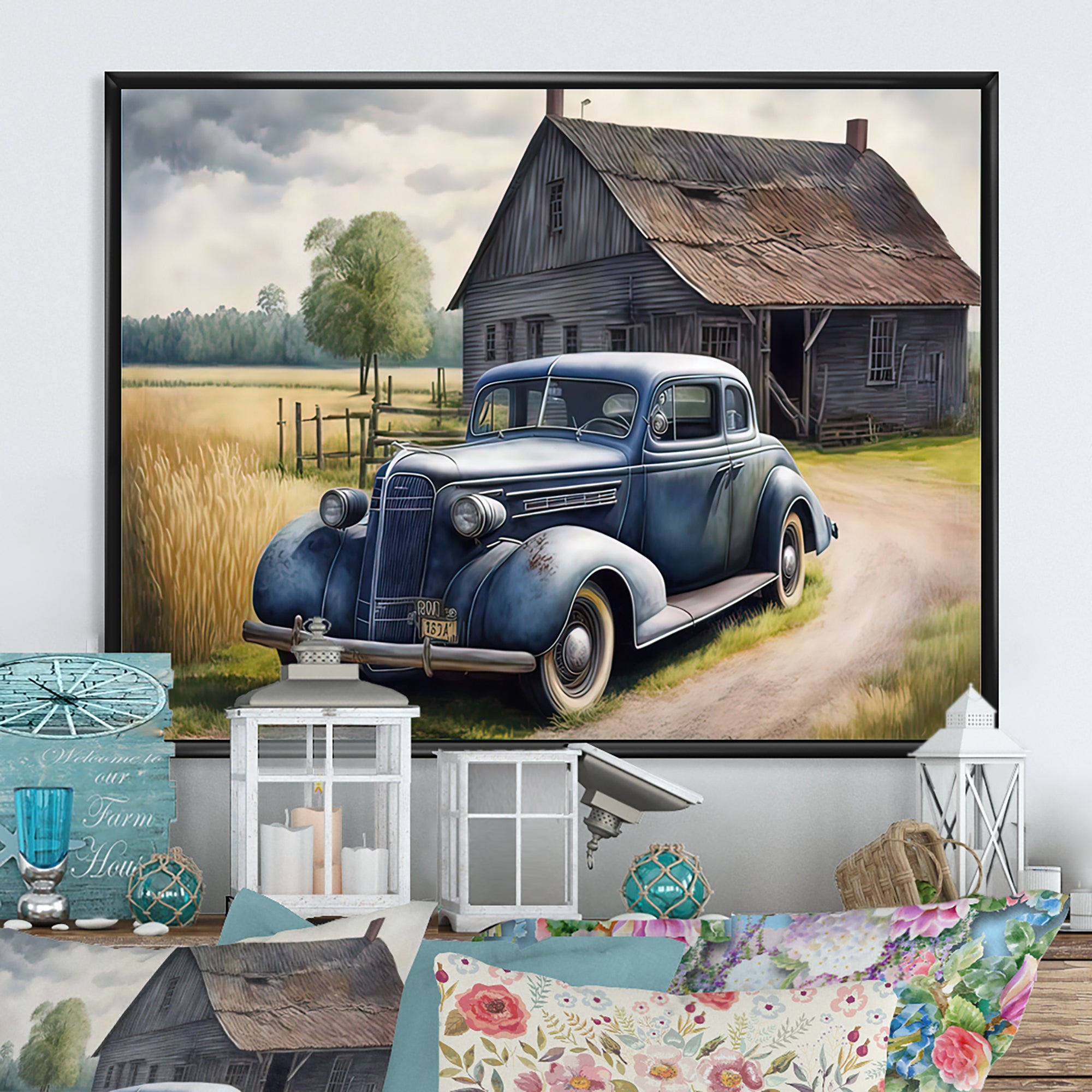 Old Blue Car At The Barn - Car Old American Canvas Wall Art