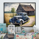 Old Blue Car At The Barn - Car Old American Canvas Wall Art