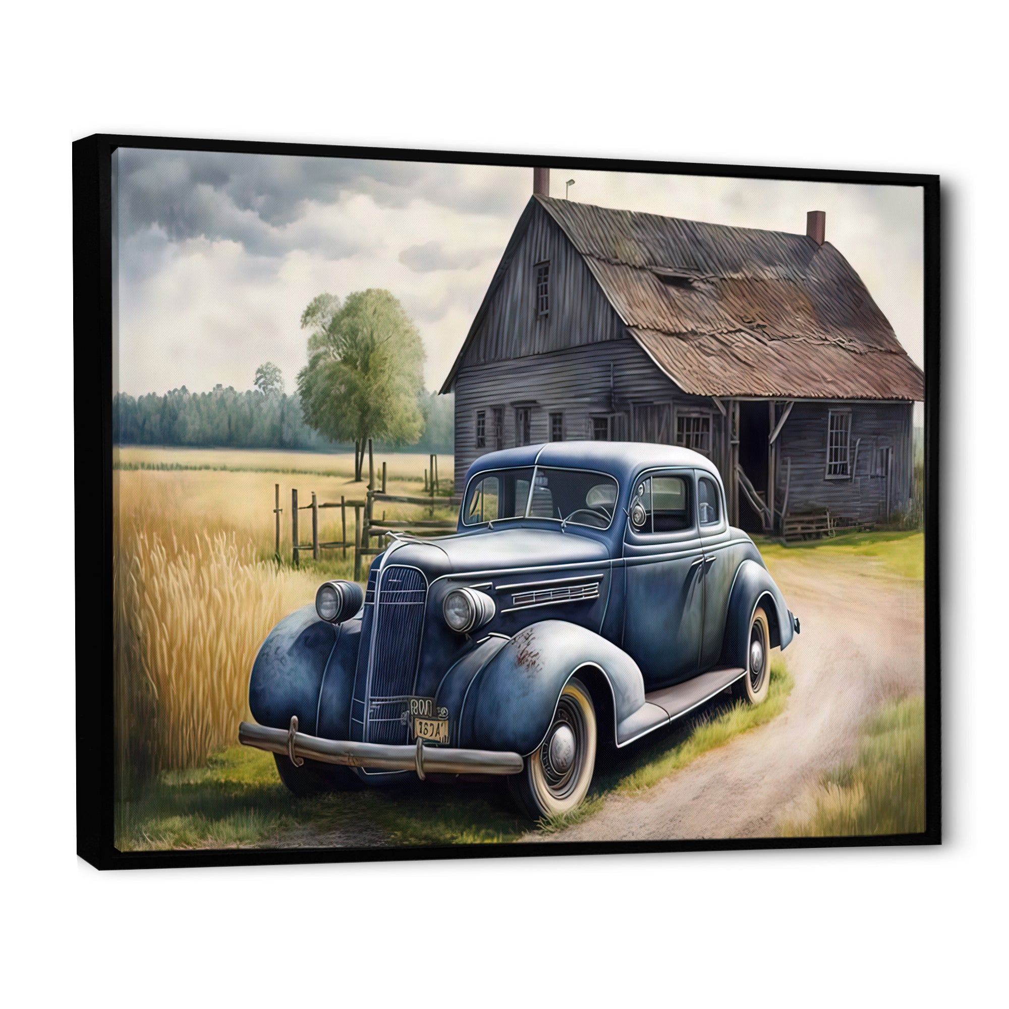 Old Blue Car At The Barn - Car Old American Canvas Wall Art