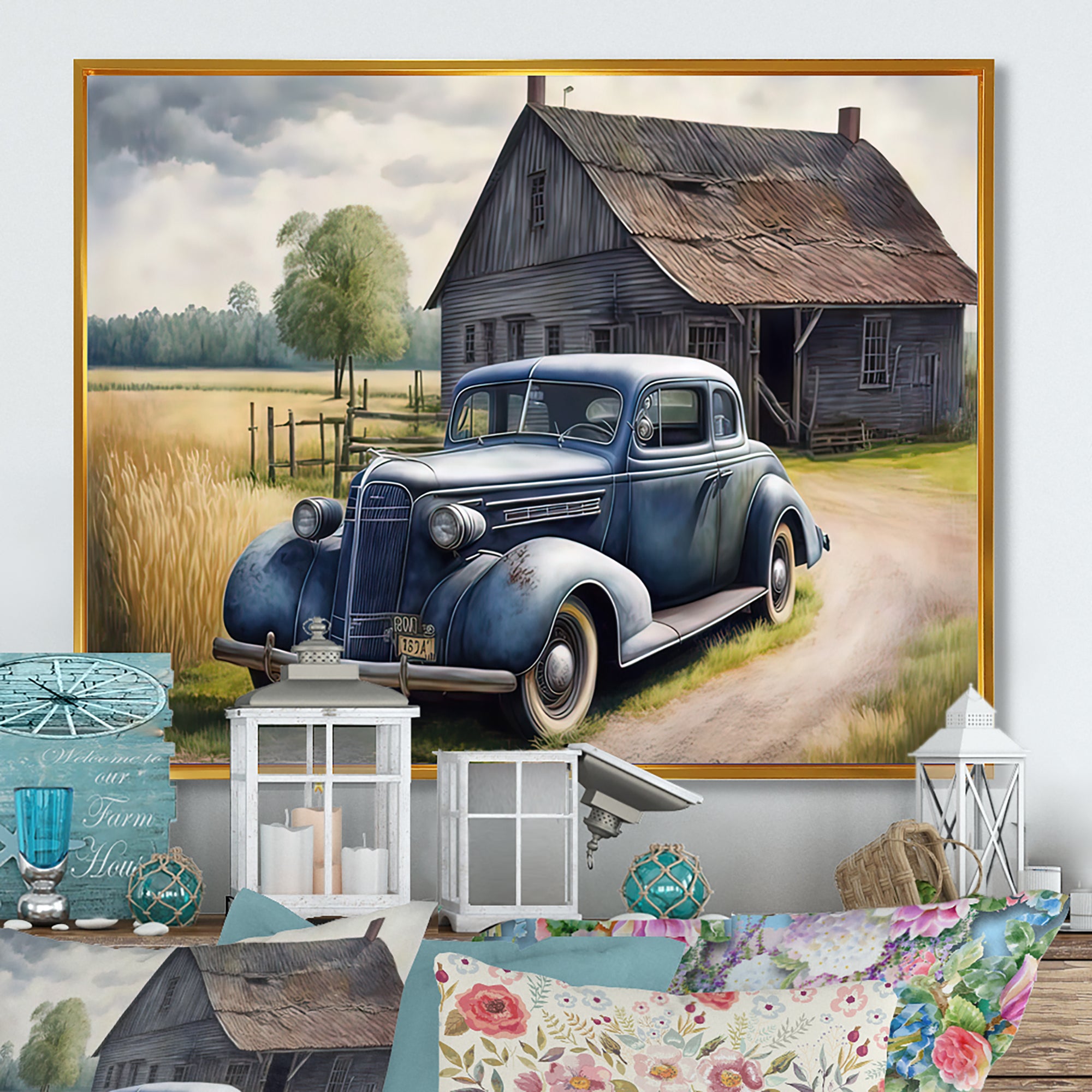 Old Blue Car At The Barn - Car Old American Canvas Wall Art