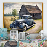 Old Blue Car At The Barn - Car Old American Canvas Wall Art