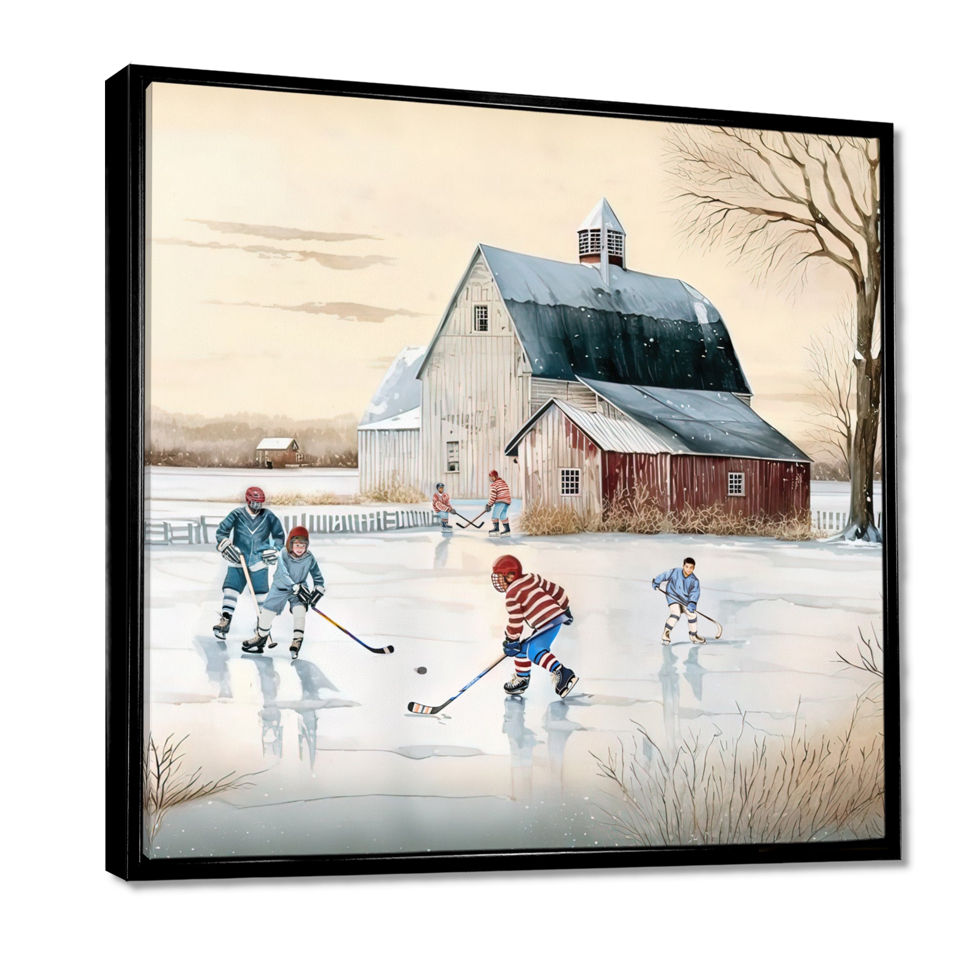 Kids Playing Hockey In Winter I - Sport Hockey Canvas Wall Art