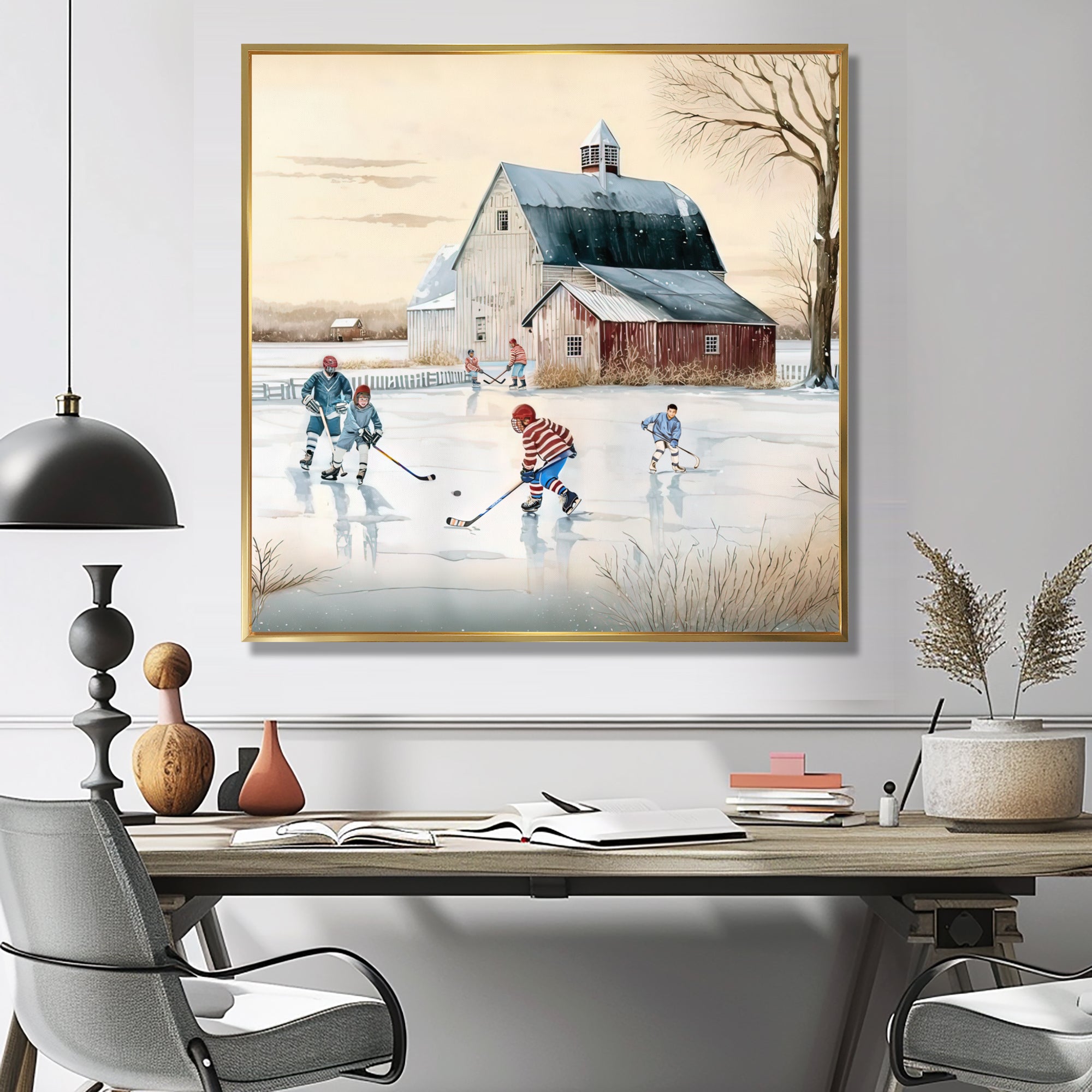Kids Playing Hockey In Winter I - Sport Hockey Canvas Wall Art