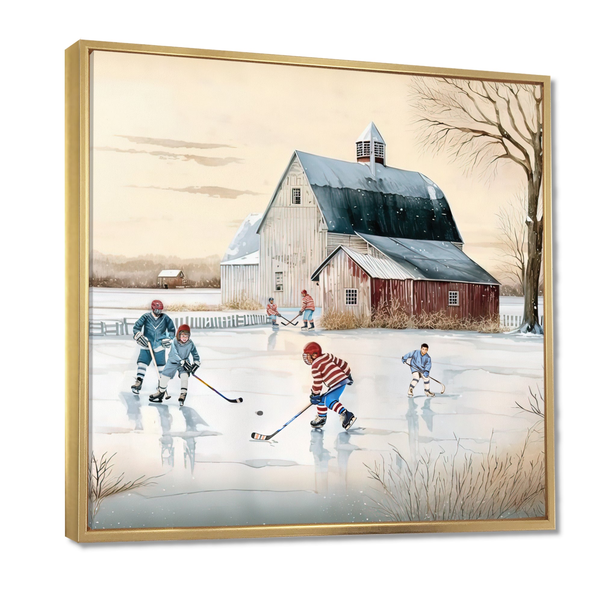 Kids Playing Hockey In Winter I - Sport Hockey Canvas Wall Art