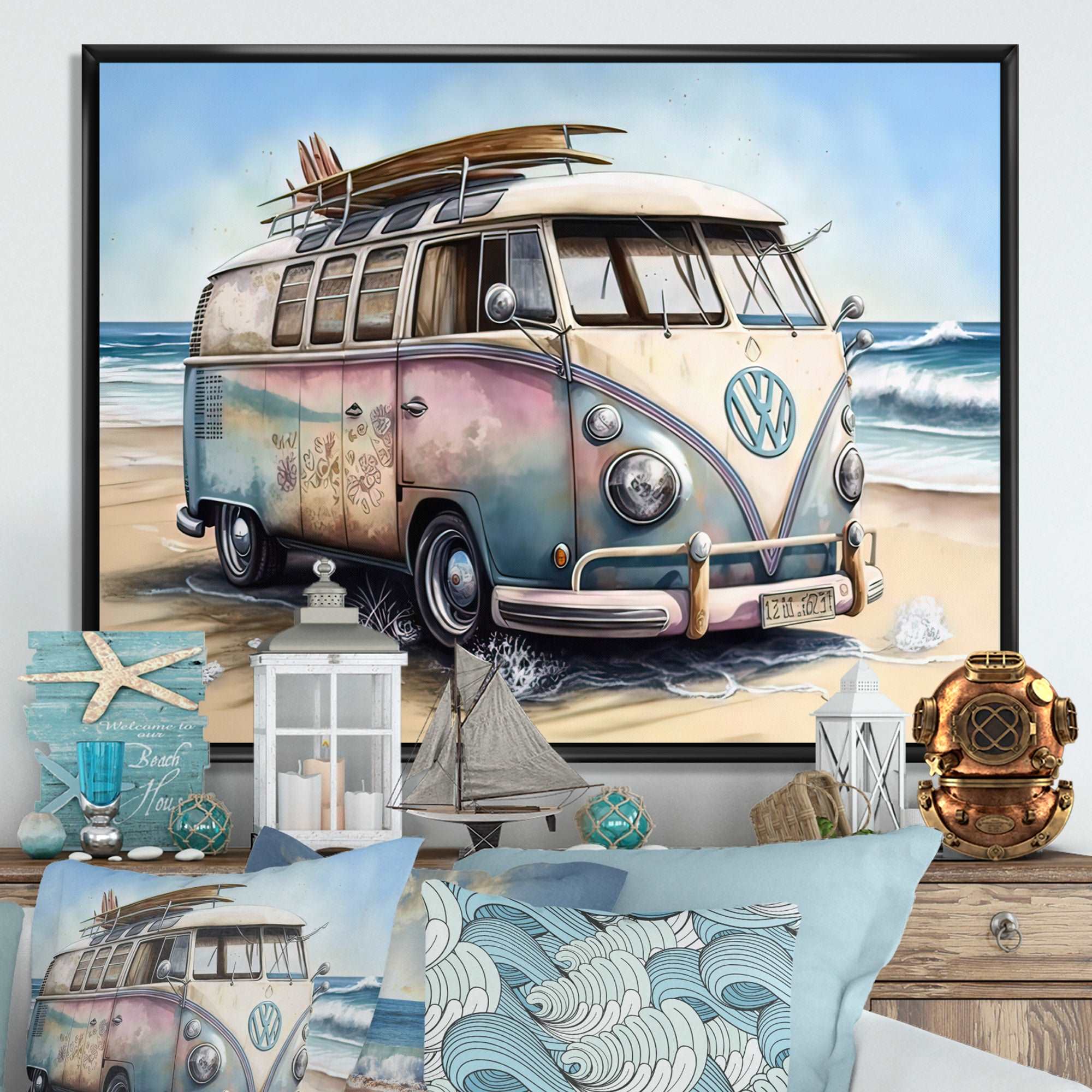 70S Surfing Van At The Beach I Framed Canvas Vibrant Gold - 1.5"Thick