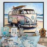 70S Surfing Van At The Beach I Framed Canvas Vibrant Gold - 1.5"Thick