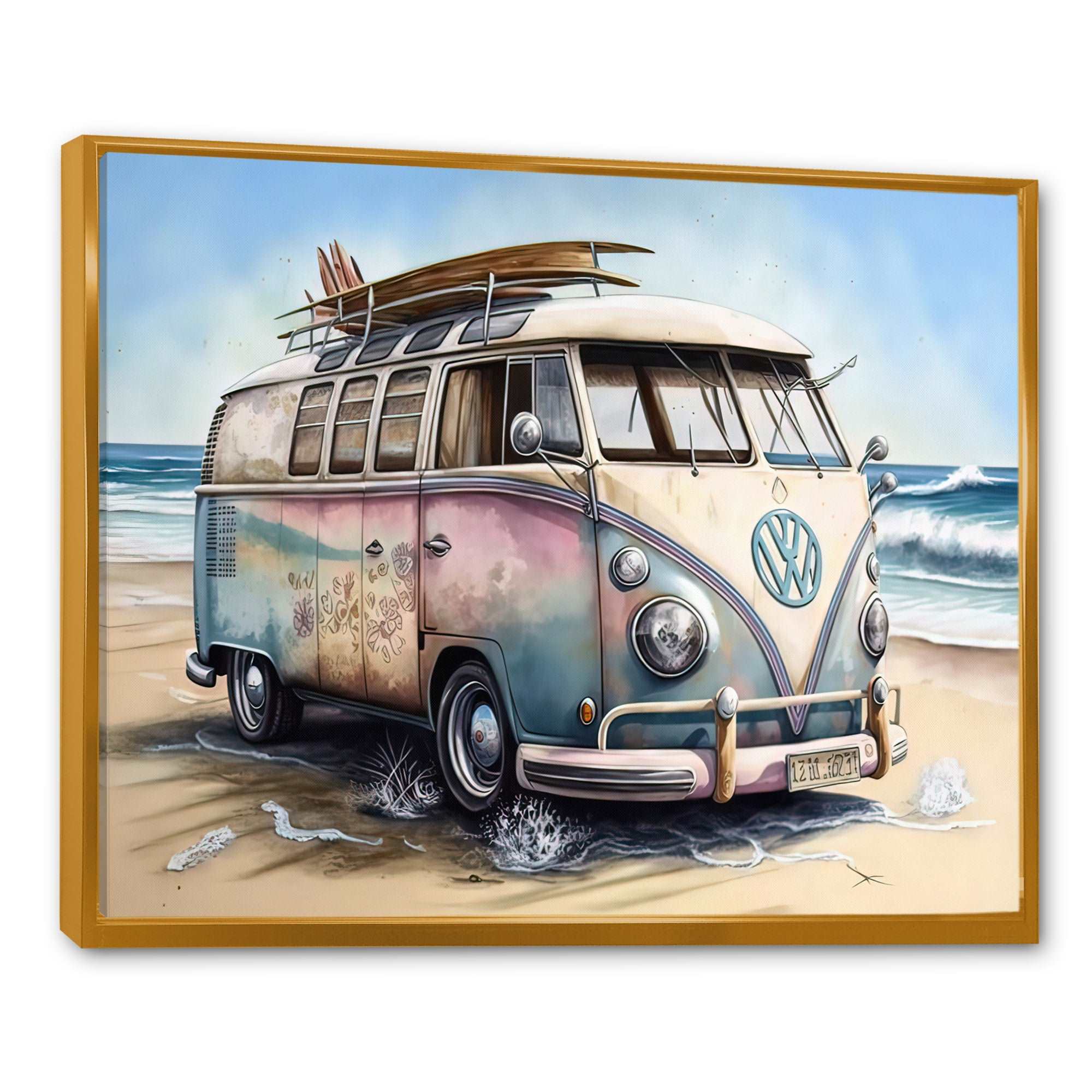 70S Surfing Van At The Beach I Framed Canvas Vibrant Gold - 1.5"Thick