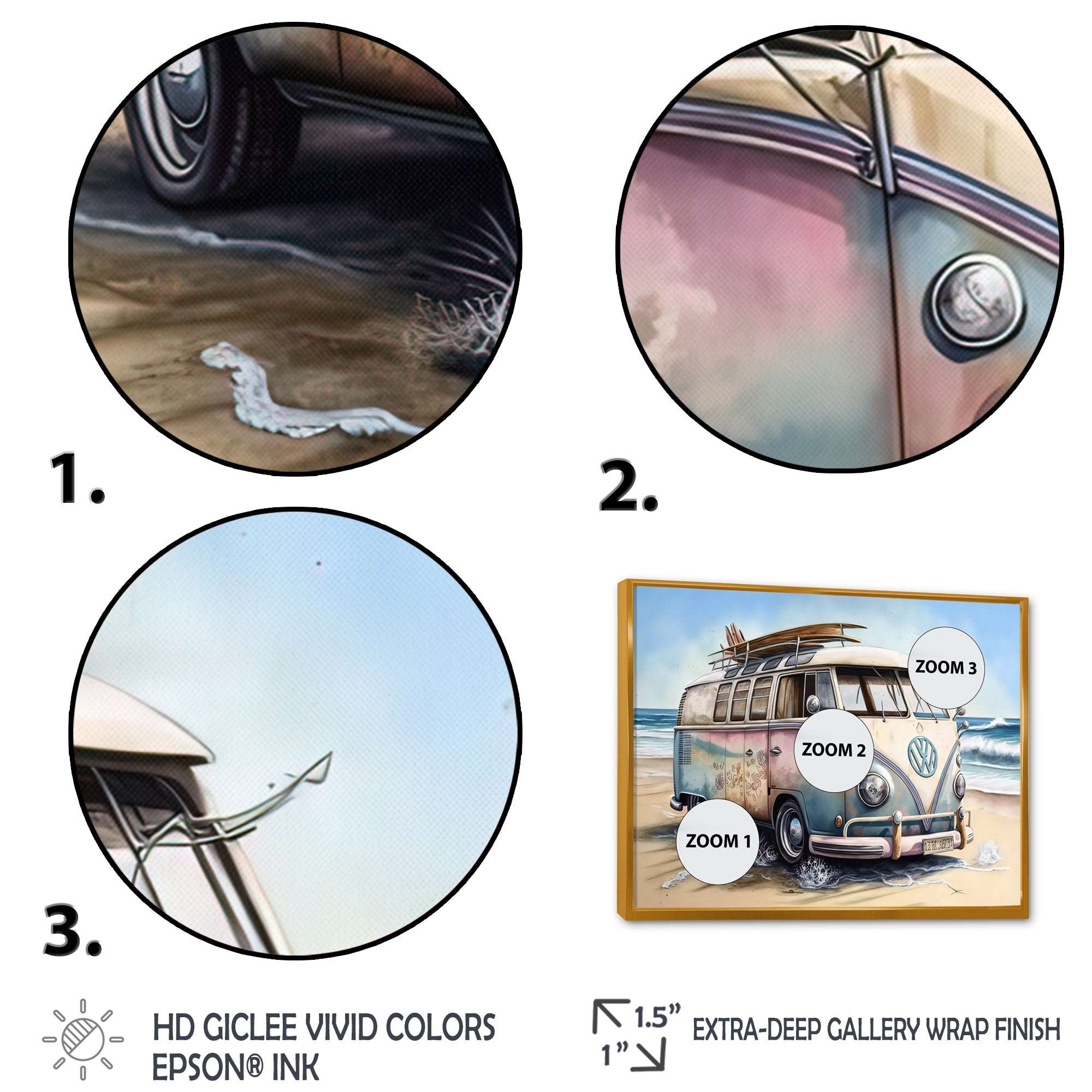 70S Surfing Van At The Beach I Framed Canvas Vibrant Gold - 1.5"Thick