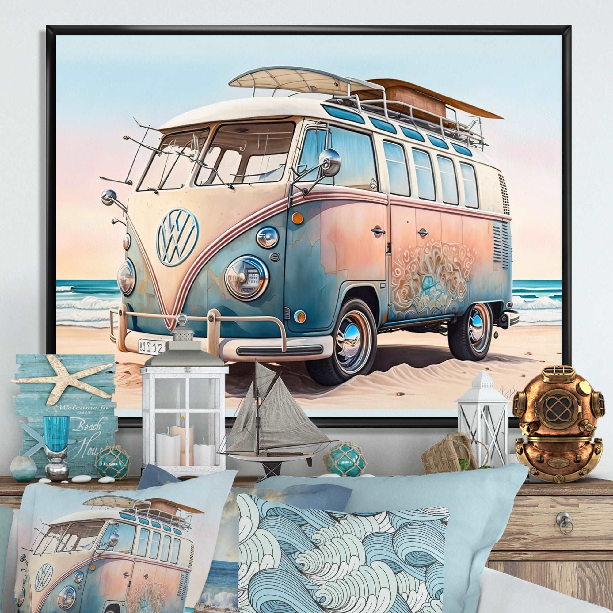 70S Surfing Van At The Beach II Framed Canvas Vibrant Gold - 1.5"Thick