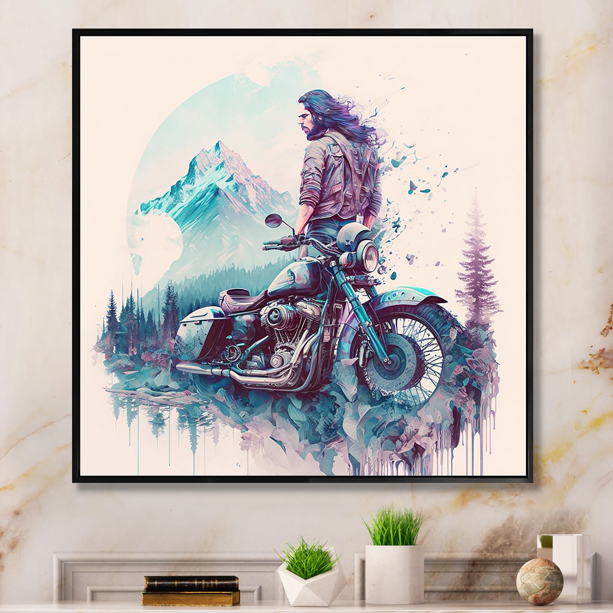 Man And His Motorcycle With Mountain Views - Motorcycle Canvas Wall Art