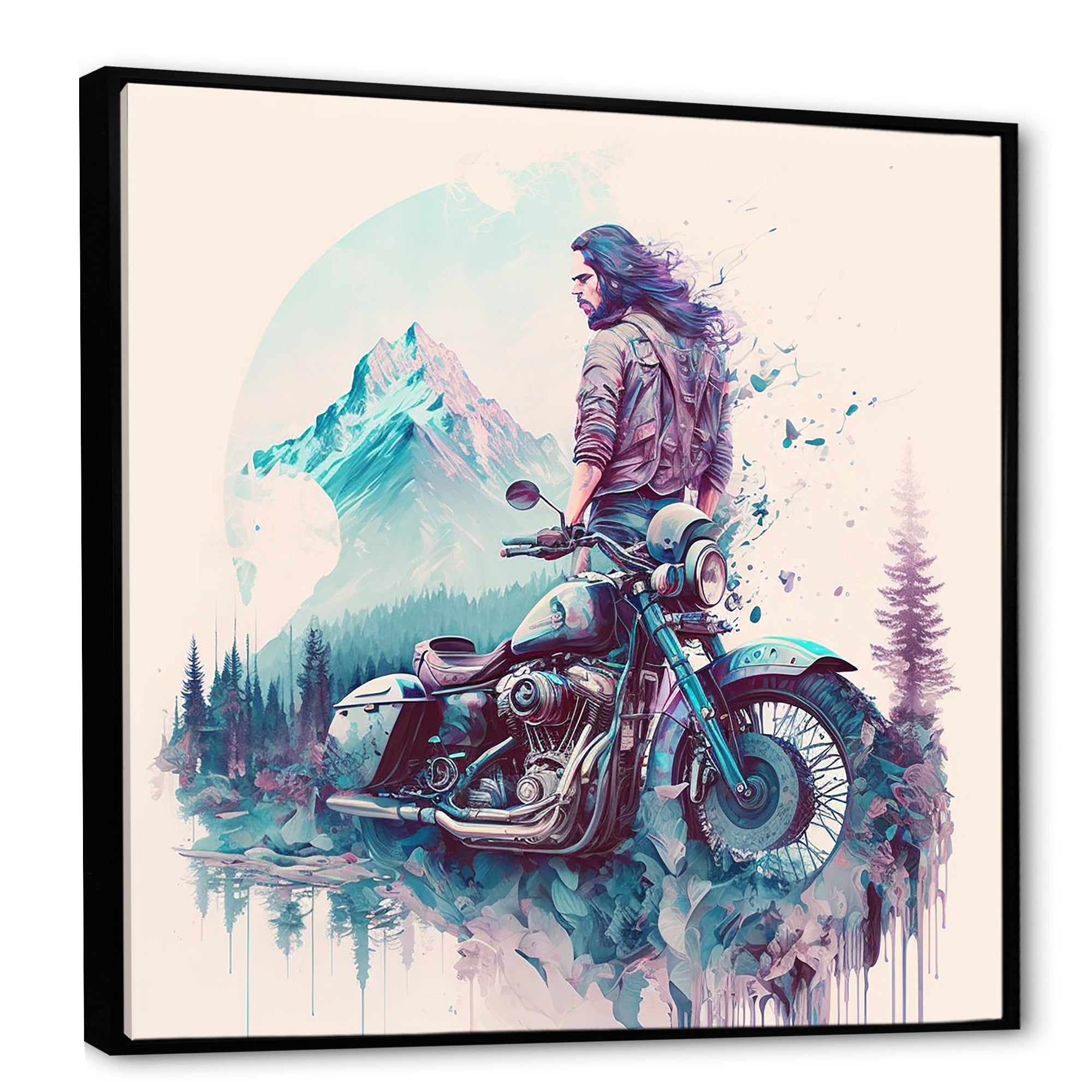 Man And His Motorcycle With Mountain Views - Motorcycle Canvas Wall Art