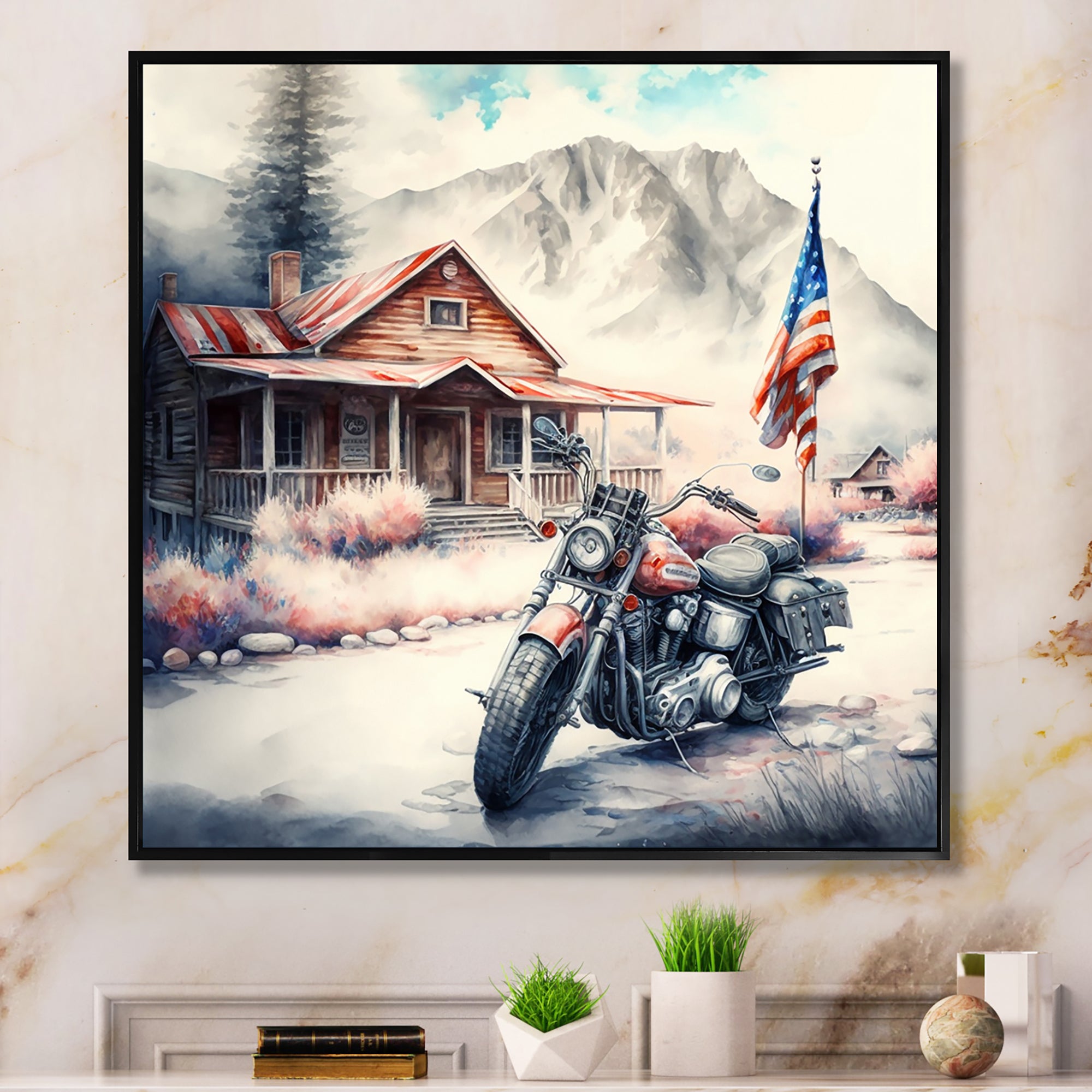 Motorcycle Parked At The Cabin I - Motorcycle Canvas Wall Art