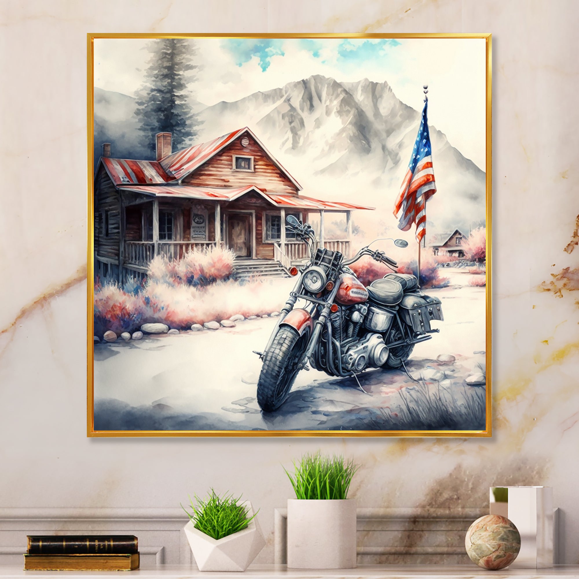 Motorcycle Parked At The Cabin I - Motorcycle Canvas Wall Art
