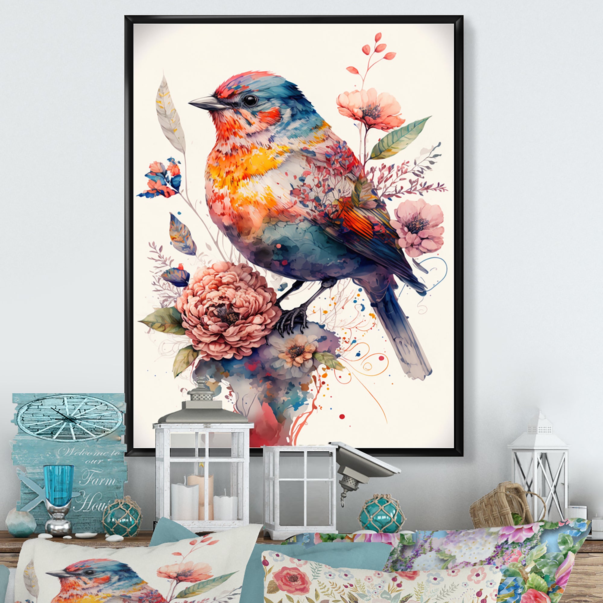 Cute Bird Floral Art - Bird Wall Decor