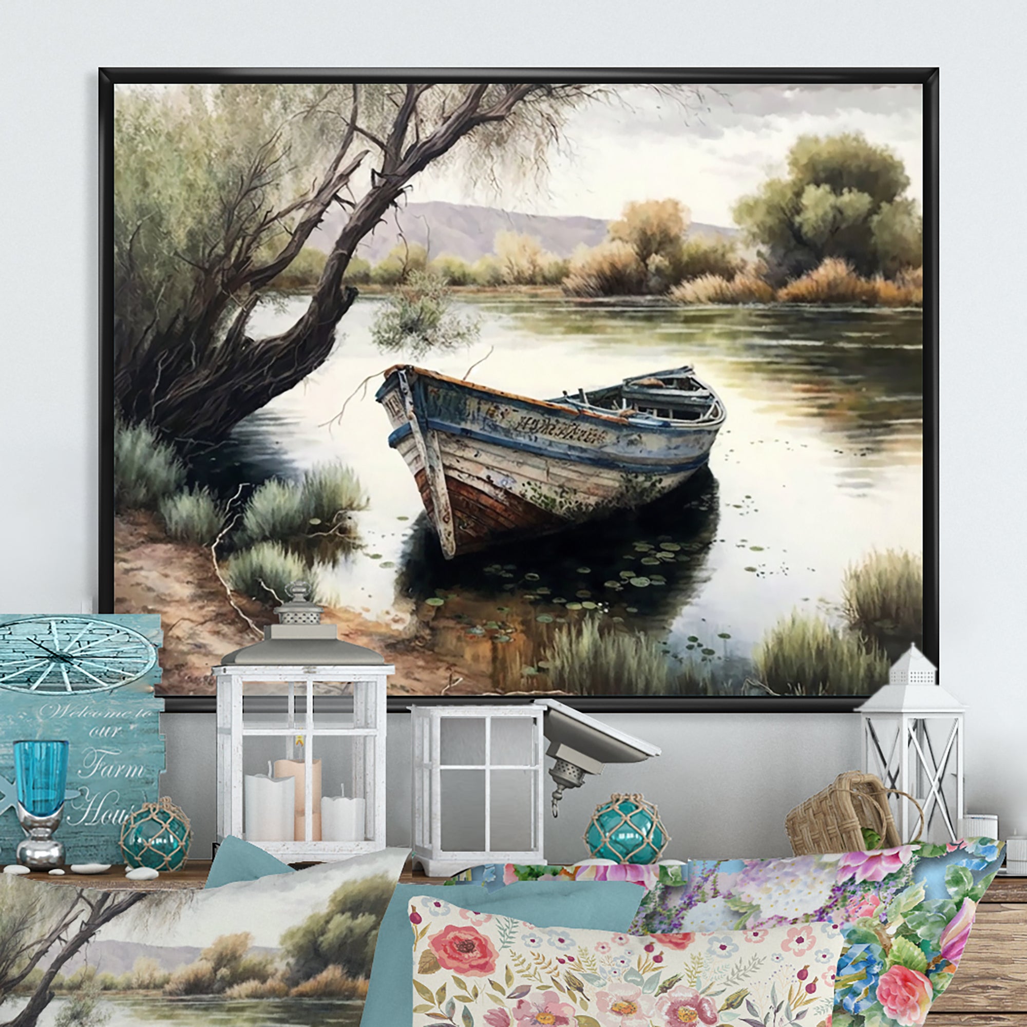 Fishing Boat In The River - Boat Fishing Canvas Wall Art