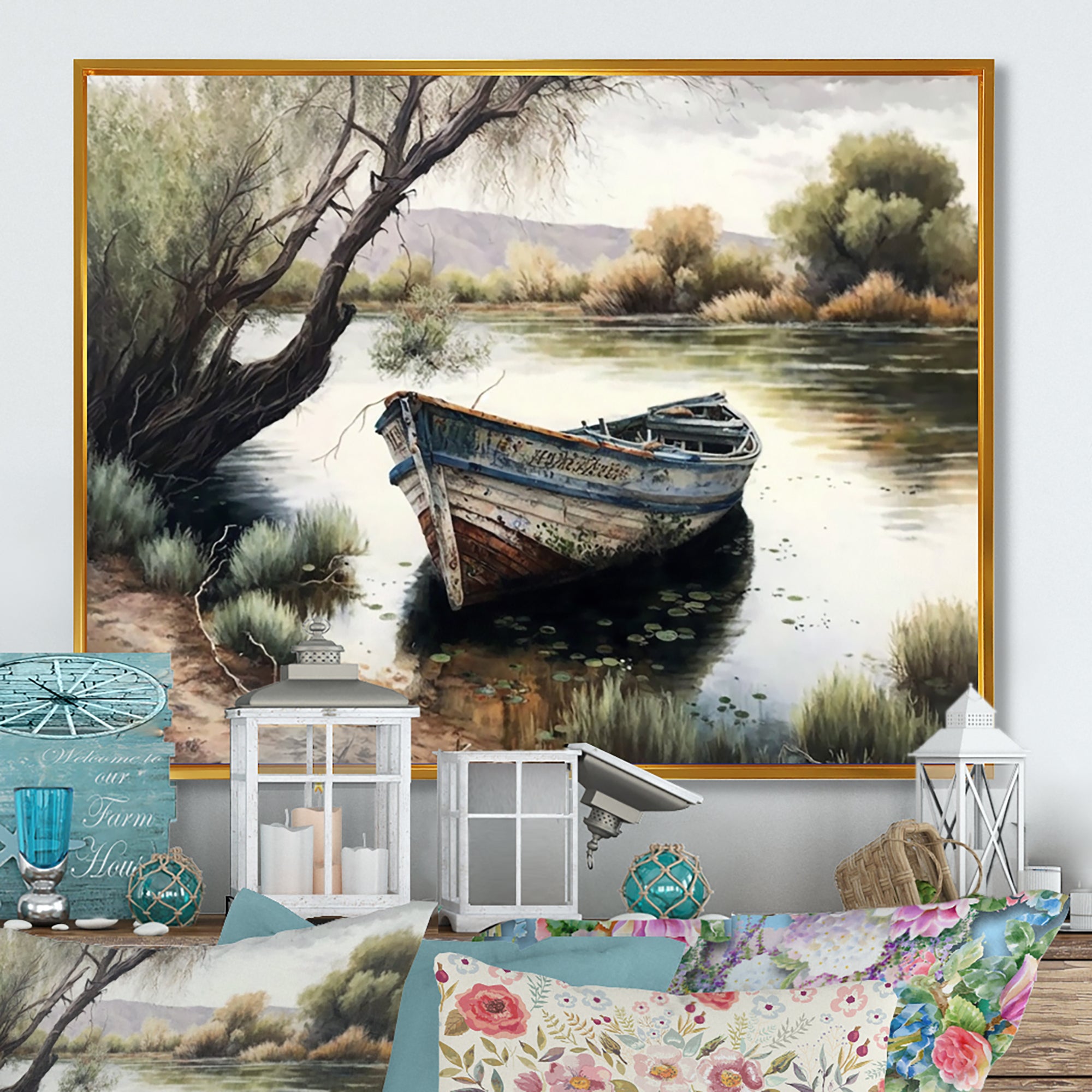 Fishing Boat In The River - Boat Fishing Canvas Wall Art