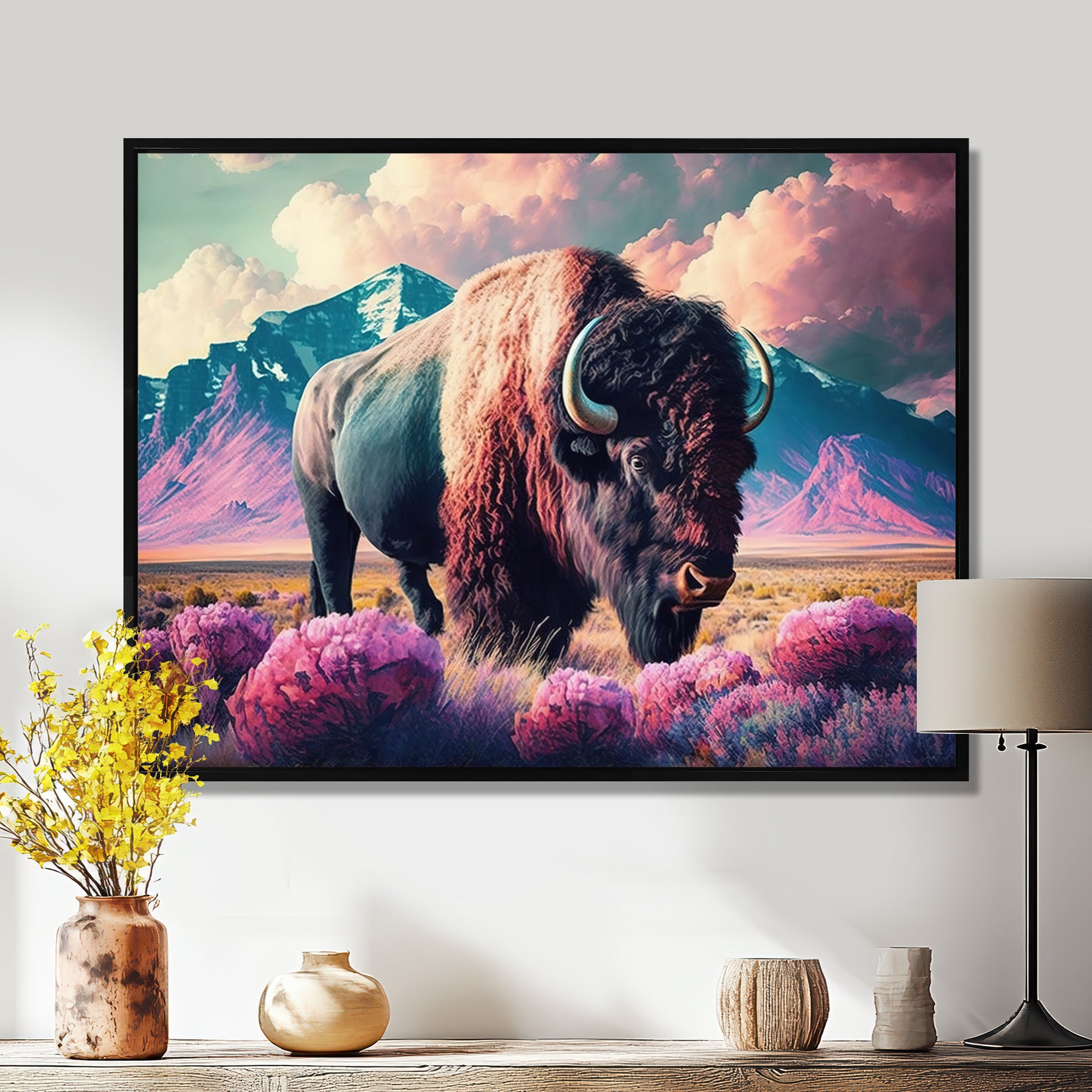 Buffalo With Landscape - Buffalo Large Canvas Wall Art
