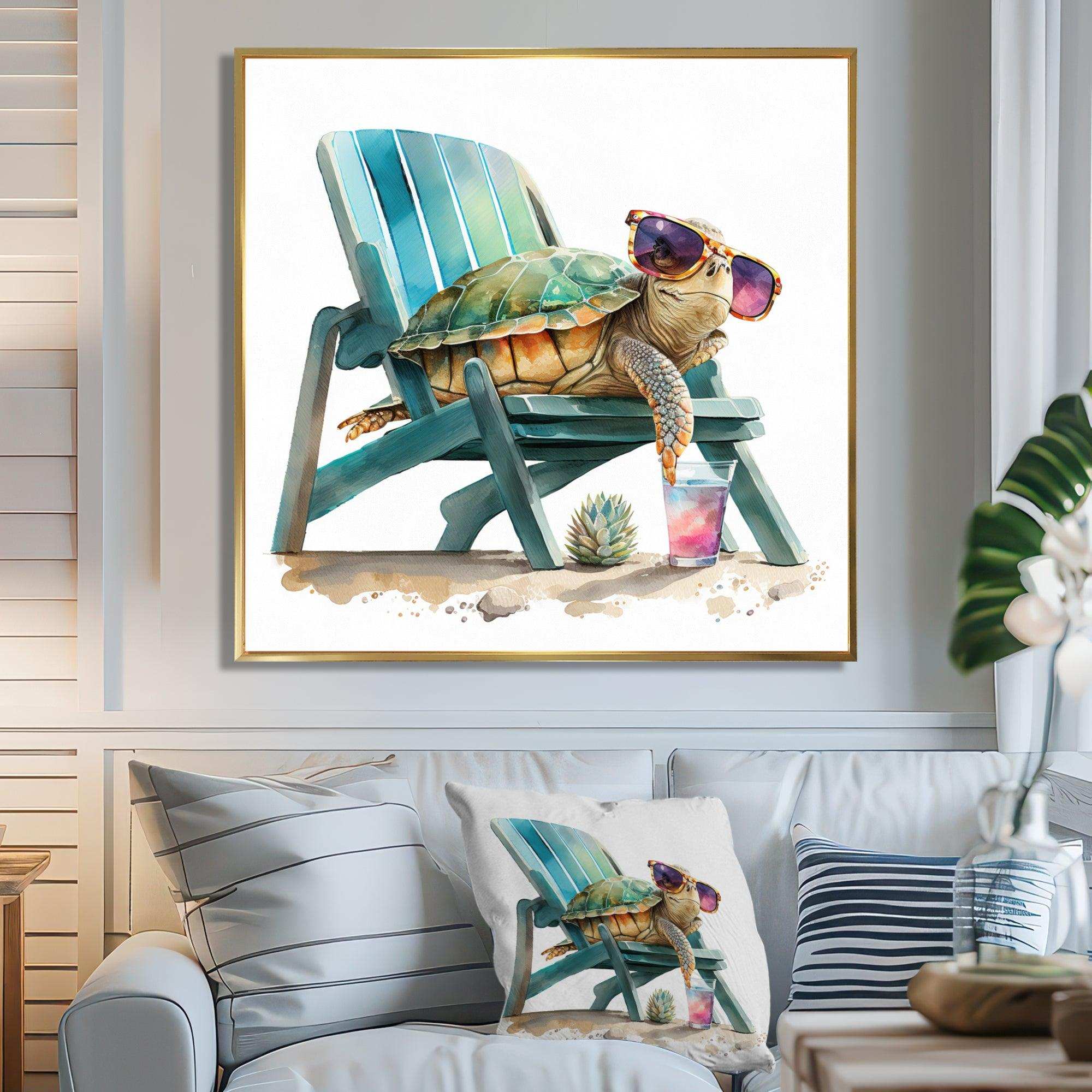 Turtle Laying On A Beach Chair With Sunglasses I - Animals Canvas Wall Art