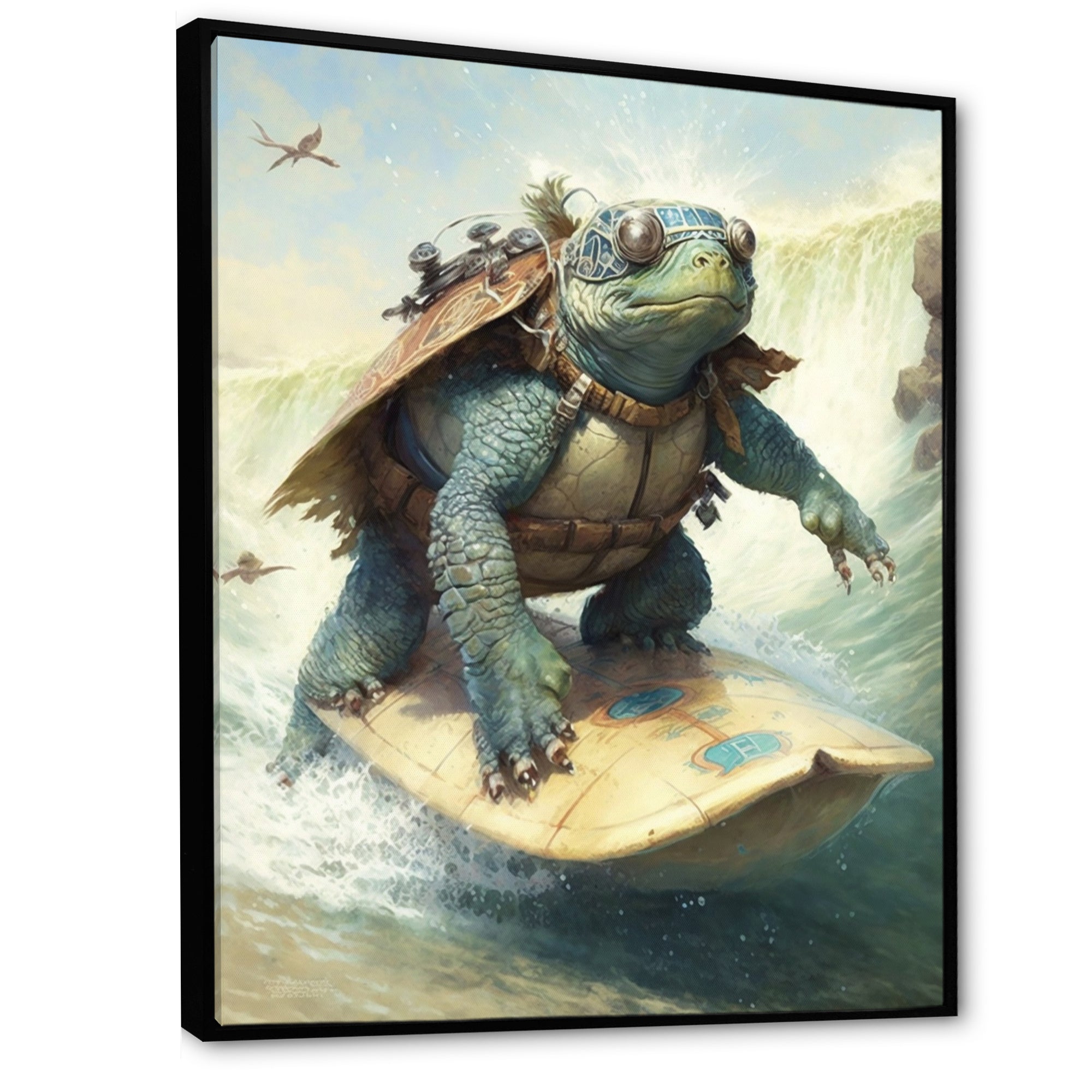 Turtle Surfing With Goggles - Green Turtle Wall Art